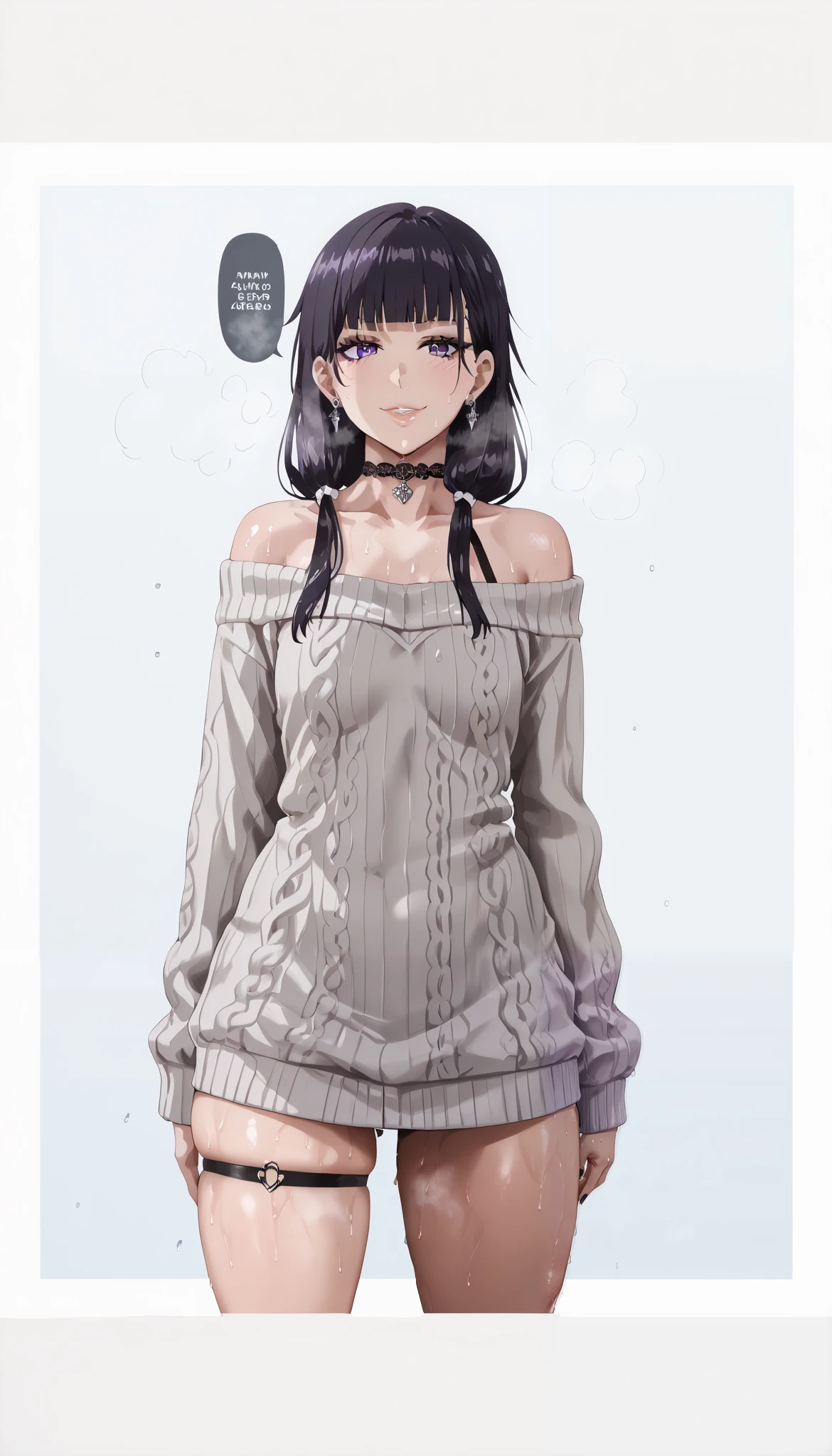 score_9, score_8_up, score_7_up, misuzu gundou, long hair, bangs, black hair, blunt bangs, purple eyes, (small breasts:1.3), anime coloring, anime screencap, shiny skin, (voluptuous:1.3), (thick:1.3), (voluptuous:1.3), (thick:1.3), BREAK UHD, retina, masterpiece, accurate, anatomically correct, textured skin, super detail, high details, high quality, award winning, best quality, highres, 4K, black nails, makeup, eyelashes, excessive sweating, sweating, sweating drop, (gasping, heavy breathing:1.3), (skindentation:1.2), perfect eyes, beautiful eyes, eyelashes, makeup, detailed body, perfect body, BREAK, 1girl, breasts, solo, jewelry, earrings, sweater, choker, bare_shoulders, off_shoulder, dress, thigh_strap, looking_at_viewer, smirk, collarbone, black_choker,