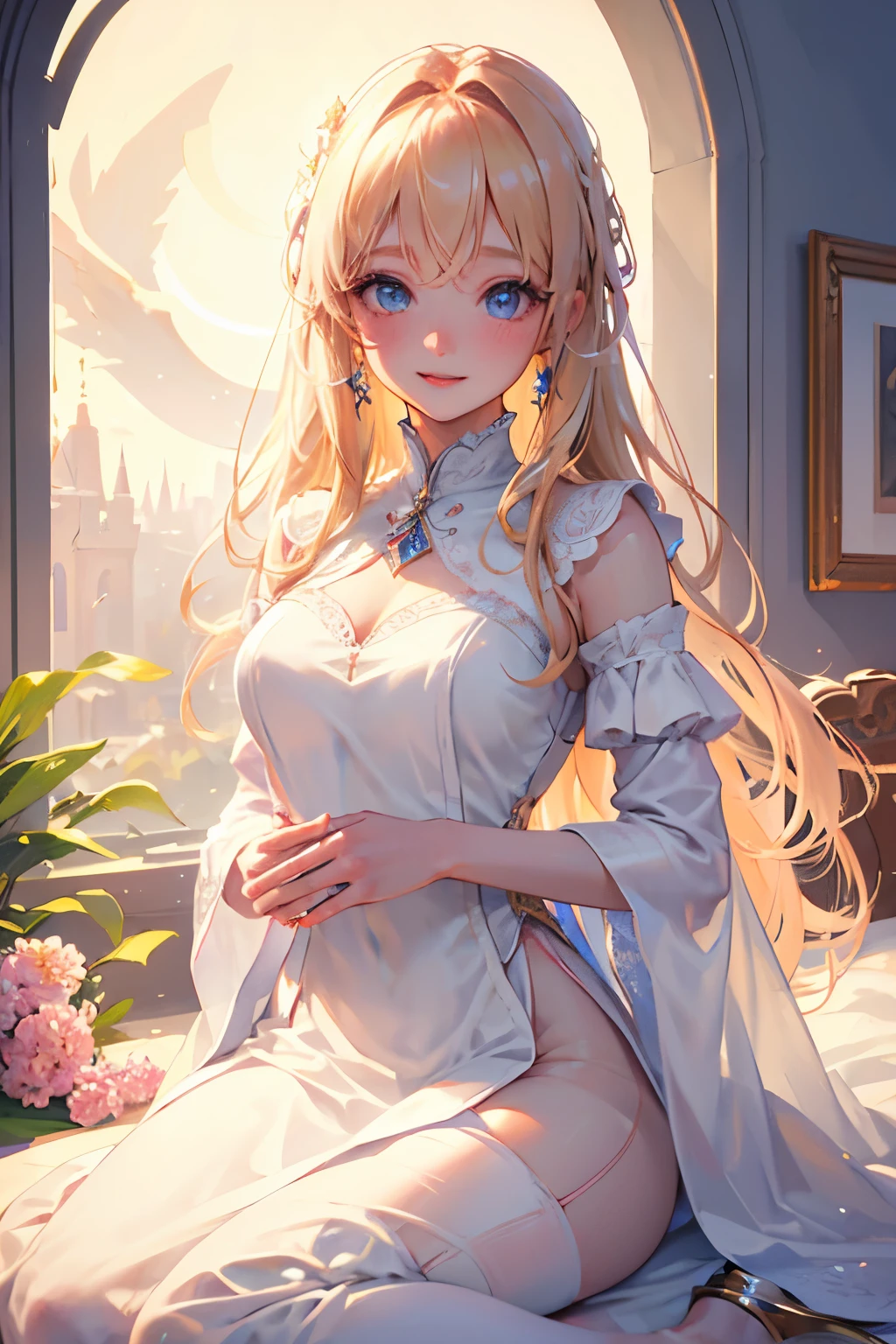 Masterpiece、 best quality 、 high definition 、High-quality images、8k, girl 、Skin Radiance、 skin and outfit textures 、 beautiful eye expression 、 Sparkling Pink Blonde , 長い髪 girl , 、 dress , Beautiful Light Green Eyes , Fuller lips, Gorgeous Face with Attention to Details, ( cute smile), charm, Innocent, Side View, ( Perfectly Drawn Face ), ( Beautiful hands ) The image is as pictured , The Depth of Written Boundaries, flower、 moon、 Valkyrie 'Feather