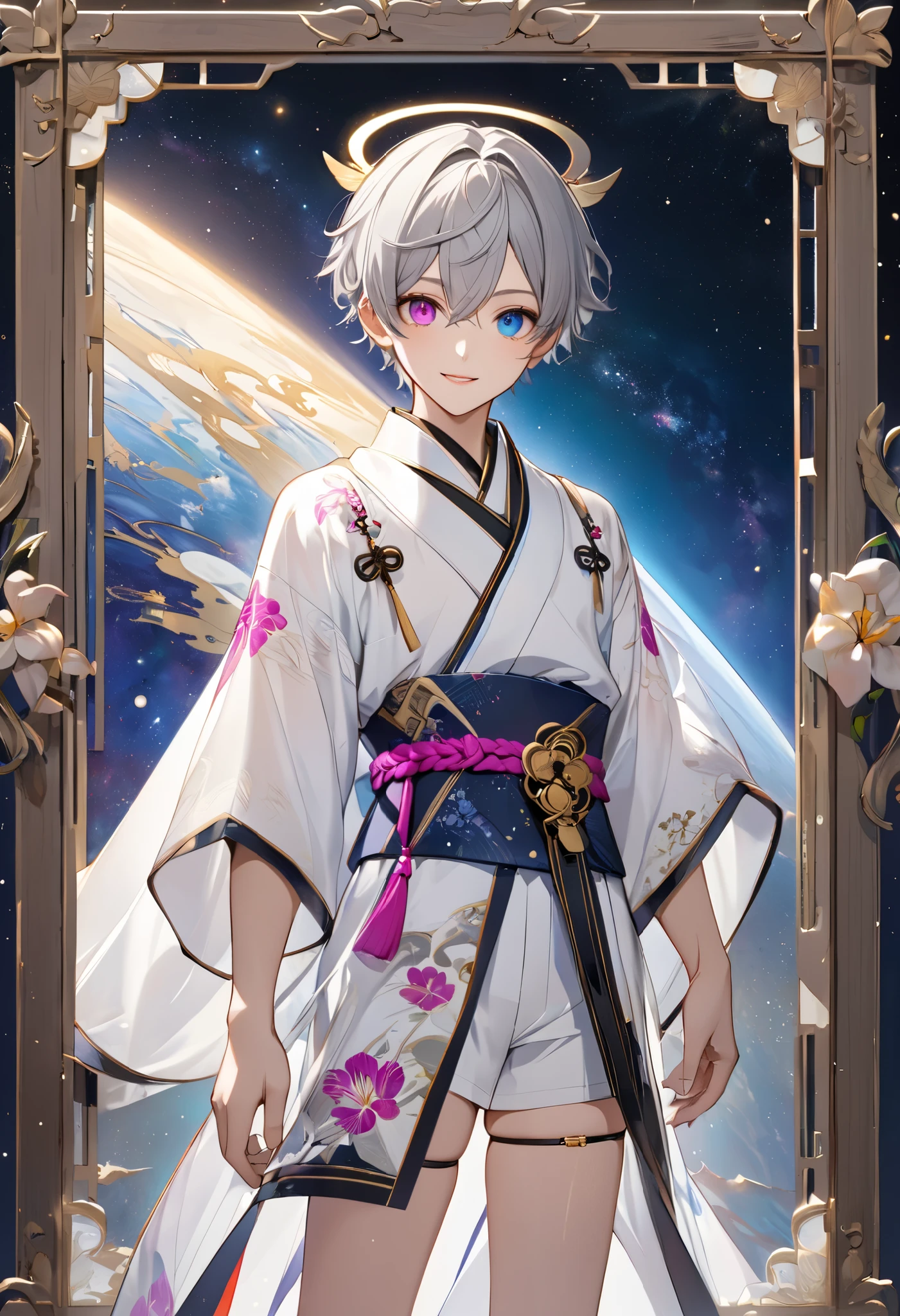 fresh illustration ,
Superfine painting,
very delicate illustration ,
Very fine details ,
1boy ,
( standing)
Alone,
Height: 158cm,
Beige Skin,
Cheeks are ruddy,
(The iris of the left eye is light sky blue and the iris of the right eye is magenta ),
(Complete iris heterochromia ),
beautiful eyes,
large black pupils ,
Short short hair,
(Gray Hair),
only the base of the hair is light blue ,
The hair has gradation ,
shiny hair with makeup,
Young, beautiful, beautiful face ,
The lips are extremely small,
is smiling,
A small halo that shines brightly floats on the head ,
raised eyebrows ,
The upper body is wearing a kimono in kimono ,
six pack,
The lower body is long, transparent clothing in the style of a Chinese dress with slits at both hips,
The color of the belt is black ,
Overall white clothes ,
The belt has tasteful embroidery with gold thread ,
fine fabric clothing ,
Slim waist,
Thin legs,
jockstrap underwear ,
the thigh strap cuts into the skin ,
The tips of the white long boots are Japanese style ,
Isometric,
golden ratio,
god々 like atmosphere,
The undershirt is indigo-colored with a stand-up collar,
outer space ,
Milky Way,
Little Star々 upper body ,
tactical use of shadows ,
Head rings and hair fit in a frame ,
Clothes fit in a frame ,
is facing the front,