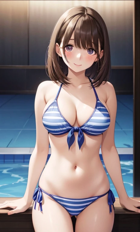 Ochaco Uraraka wearing a uniform, {1/woman} Look at her, Great environment, Very detailed, high quality, summer, Bright sun, a lot of people, Pool, bikini, Swimsuit with pink ruffles, Jump. Have a float