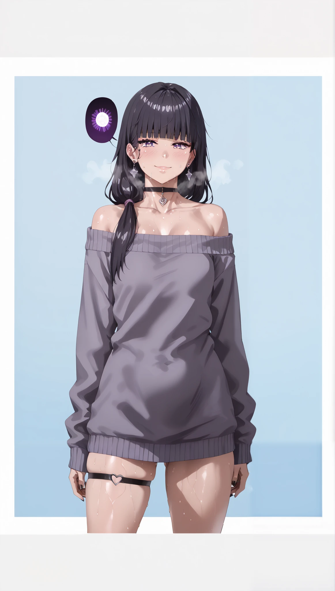 score_9, score_8_up, score_7_up, misuzu gundou, long hair, bangs, black hair, blunt bangs, purple eyes, (small breasts:1.3), anime coloring, anime screencap, shiny skin, (voluptuous:1.3), (thick:1.3), (voluptuous:1.3), (thick:1.3), BREAK UHD, retina, masterpiece, accurate, anatomically correct, textured skin, super detail, high details, high quality, award winning, best quality, highres, 4K, black nails, makeup, eyelashes, excessive sweating, sweating, sweating drop, (gasping, heavy breathing:1.3), (skindentation:1.2), perfect eyes, beautiful eyes, eyelashes, makeup, detailed body, perfect body, BREAK, 1girl, breasts, solo, jewelry, earrings, sweater, choker, bare_shoulders, off_shoulder, dress, thigh_strap, looking_at_viewer, smirk, collarbone, black_choker,