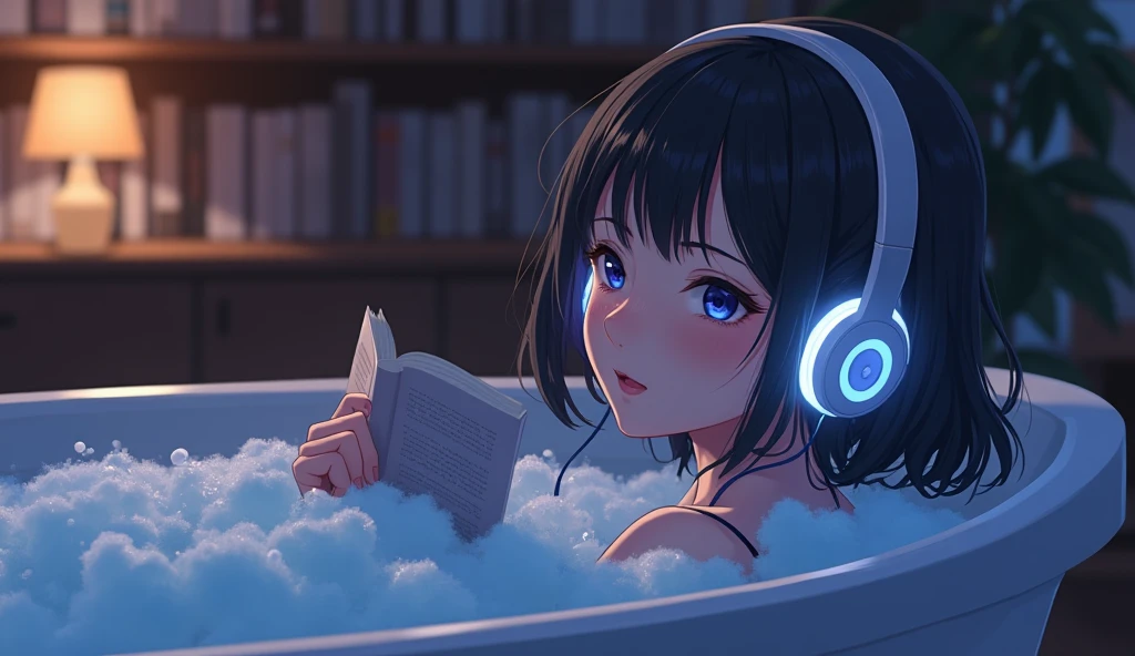 anime girl wearing White headphoness, wearing a competitive swimsuit, athlete swimwear, reading a book, black hair, 29-year-old, take a bath, in the bathroom, exposed cleavage, Big breasts H cup, emphasize cleavage, Emphasize heavily, expose one's skin, lofi girl anime atmosphere, Lofiatostyle, anime style 4k, anime aesthetics, Nightcore, Lo-fi feeling, Lofiato, anime art wallpaper 4k, anime wallpaper 4k, Lo-fi atmosphere, plants in the room, City view, sunrise, White headphones, she is reading a book in the bath, Heavenly music that fills the air, A single thick candle is lit, Night city lights illuminate the bathroom, anime style, cinematic lighting, Sony FE manager, first person perspective, masterpiece, highest quality, 4k