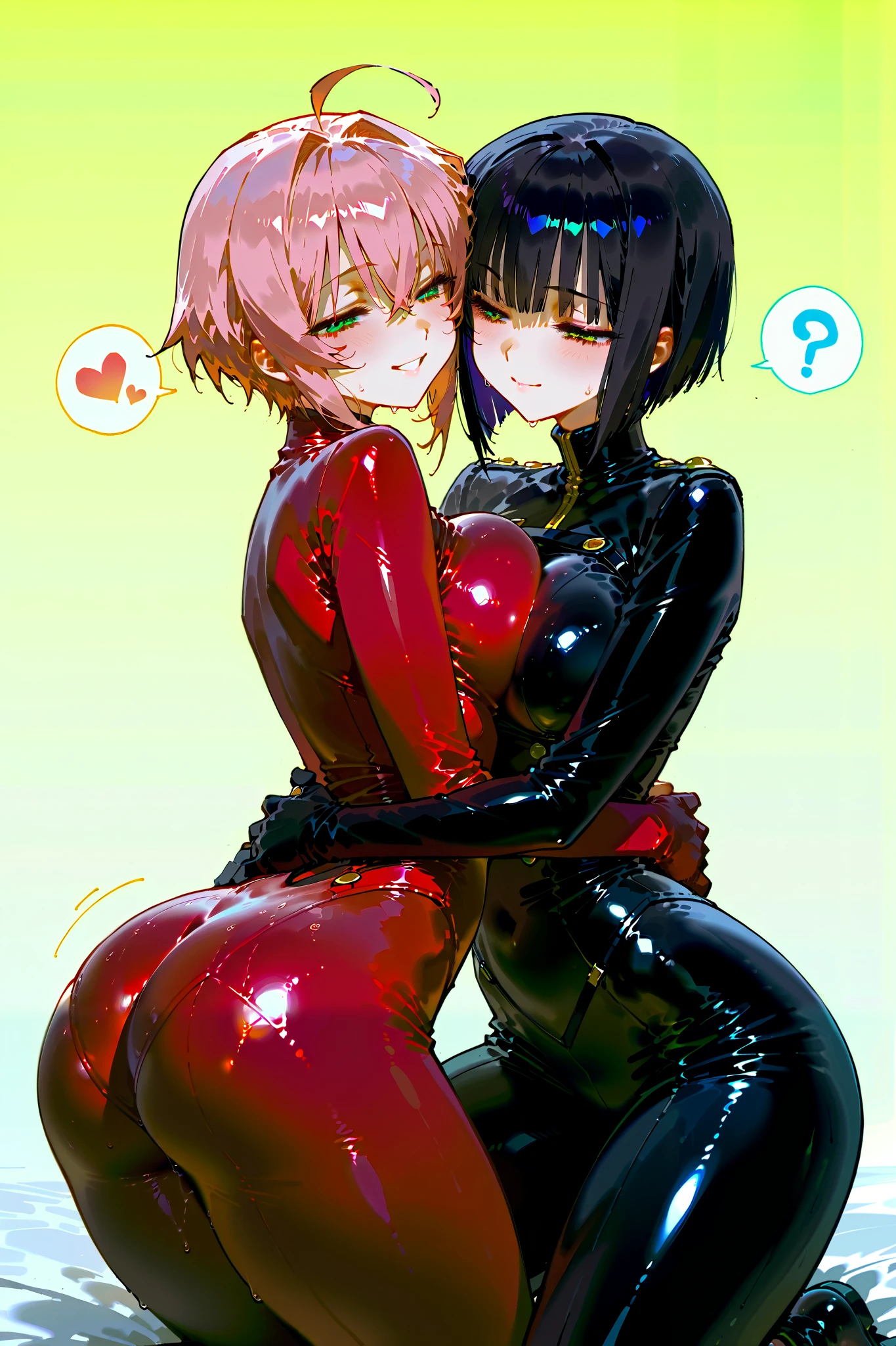 ((Ultra-thin full latex suit)), Alignment, sight, masterpiece, Highest quality, Ultra HD, Highest Resolution, fine, Professional Lighting, CG illustration, slender,Black Hair, short hair, Semi-long hair, Hair Ribbon,  blush,  With legs apart,  From below,2 people、They are hugging each other、