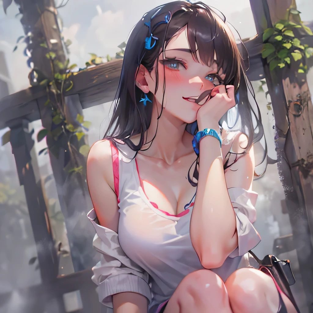  Top Masterpieces、((Beauty、 portrait ))、aldult、My girlfriend's sister 、face close up, shot from below、Female student in plain clothes 、clavicle、fog、 Diabolical Smile、Taunt、blush、sweat、slouch、Look down on the viewer、 simple background、( footjob)