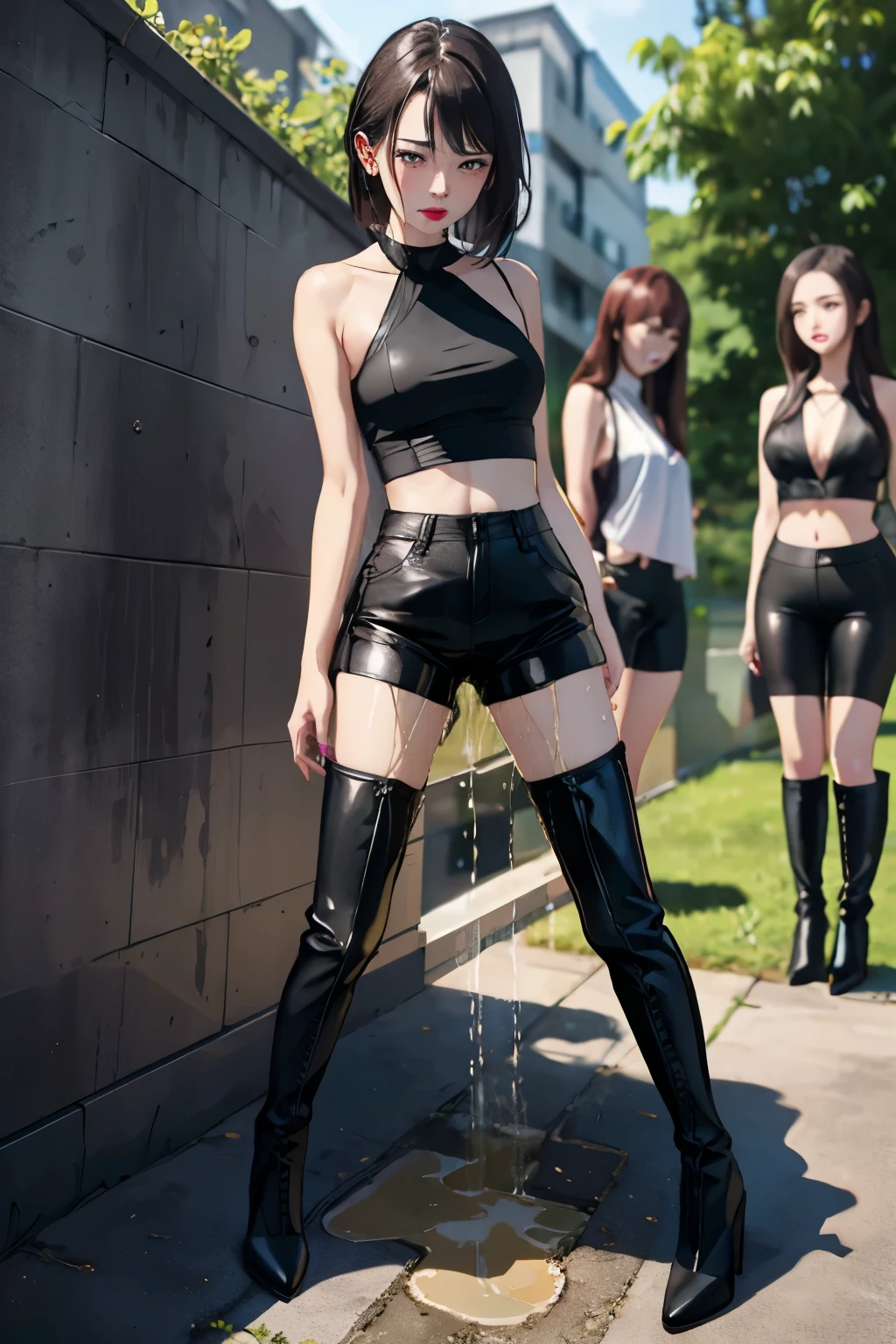best quality, high quality, highres, beautiful women, high detail, good lighting, lewd, hentai, (((bike shorts))), (leather halter top), (bare midriff), (cameltoe), (((leather thigh high heel boots))), (wet shorts), (((wetting herself))), (((peeing herself))), (((peeing self))), (pee streaming down legs), peeing stain, (puddle), (thick thighs), nice long legs, lipstick, detailed face, pretty face, humiliated, embarrassed, ((outdoors waiting for bathroom with line of women in queue)), hihelz, (view of butt)