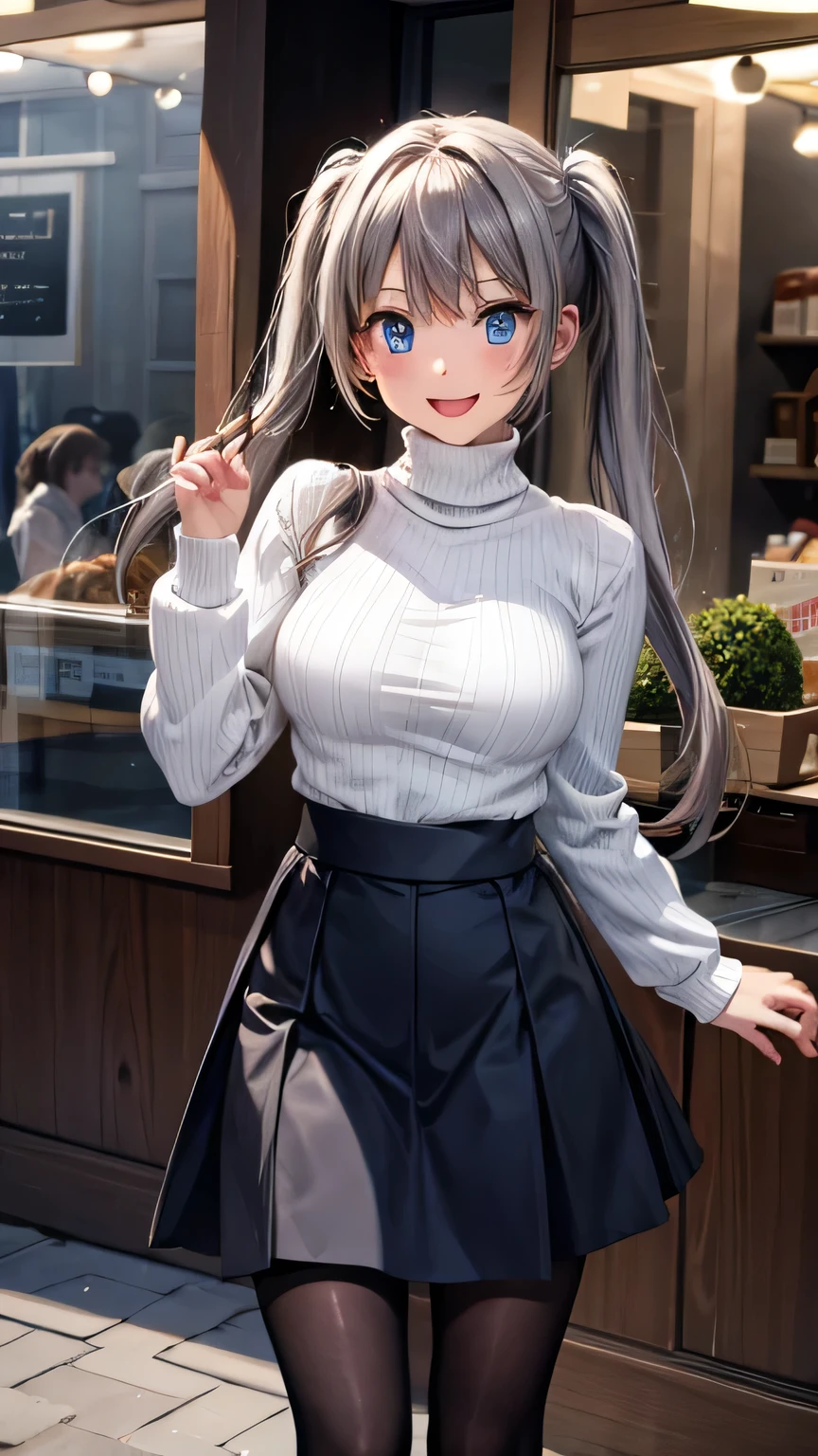 Beauty, russian,Light-pigmented gray hair 、 fine-detailed hair 、 long twin tails、 blue eyes like jewels 、 turtleneck sweater、((( Long Skirt)))、pantyhose, boots、Smile with a smile、hi,Say hello、Cafe。 in front of the store