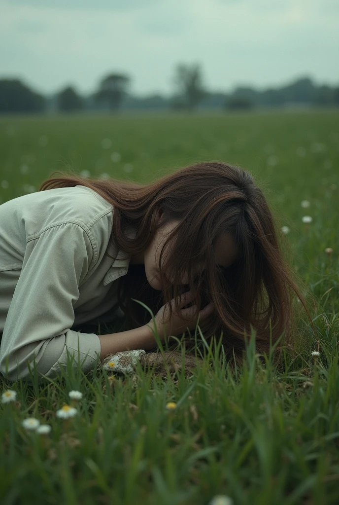 A woman fainted on the field ,  her hair completely covers her face