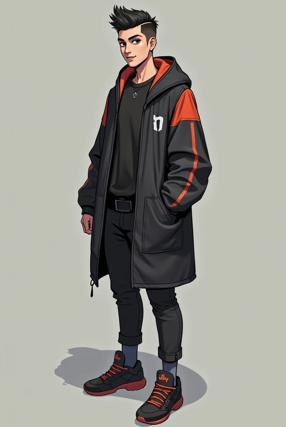 A cartoon of a man in a black jacket and red shoes - SeaArt AI