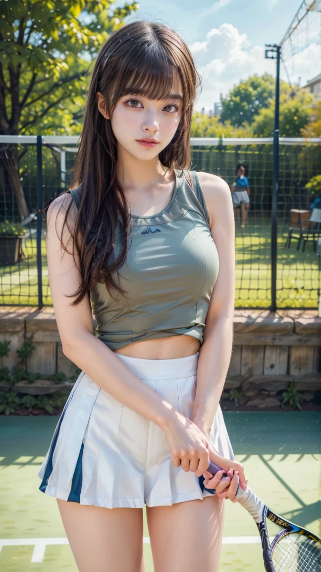 8k, Tabletop, RAW Photos, Highest quality, Realistic, 非常に精細なCG Unity 8k壁紙, Depth of written boundary, Cinematic Light, Lens flare, Ray Tracing, (Very beautiful face, Beautiful Lips, Beautiful Eyes), Exquisitely detailed face, ((Highly detailed skin)) One Girl, In the Dark, Deep Shadow, pretty girl, (Very slim and slender fit muscular body:1.3), ((View your viewers)),(Big smile:1.3), Clear Eyes, walk , Front shot, (Pale skin), (Big eyes), Look forward, (Upper Body Shot), (Brown Hair), Open belly button, (View your viewers:1.3), Very slim, Medium chest, Thick thighs, Tight shirt,  Pink collared shirt, Golf Uniforms, Golf course, landscape, blue sky, lake, sunlight, skirt