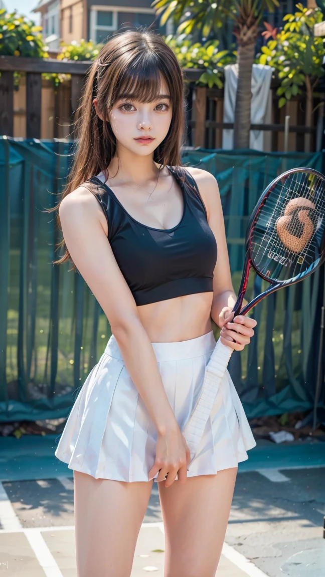 (8K, highest quality, masterpiece: 1.2), (realistic, realistic: 1.37), Super detailed, 1 girl, 18-year-old, White undercoat、、白いpanties、ponytail、美しいpanties、big, beauty, cute, bigおっぱい、smile, alone, tennis wear, mini skirt, White undercoat、beautiful thighs、White undercoat、Beautiful camel toe、panties、Tennis court, racket, tennis ball, (nose redness), (smile: 1.15), (opened mouth), beautiful eyes, (long hair: 1.2), floating hair nova frog style, Upper body