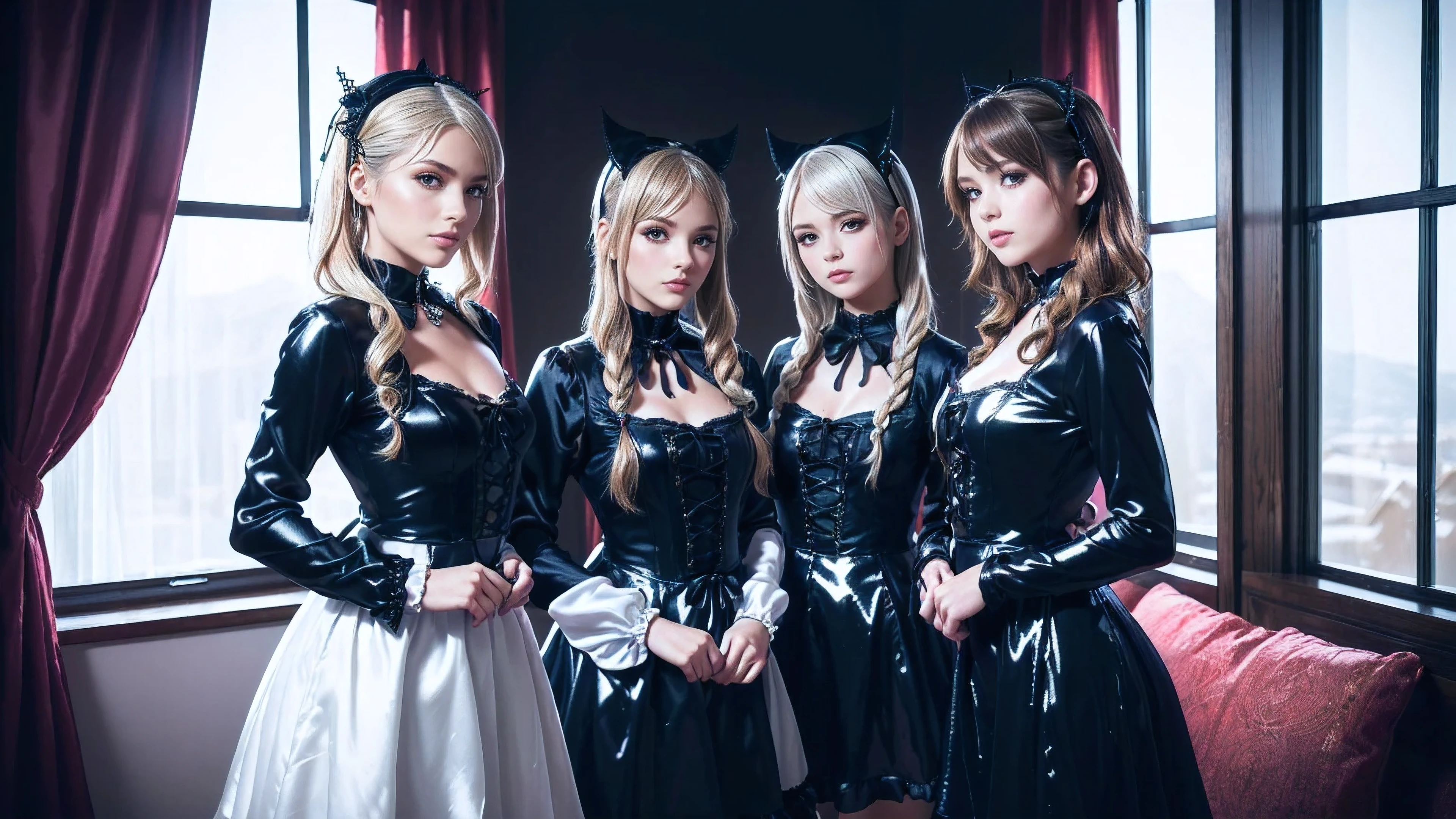 masutepiece,A hyper-realistic,32K,the Extremely Detailed CG Unity 8K Wallpapers, Best Quality,2girls,hugging each other and kiss,(Wearing a red latex gothic ta gown),gal make,Wearing a blue latex gothic loliown