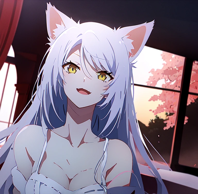 A slight smil,White Cat Woman,Yellow cat eyes,Long-sleeved pajamas,opened breast,Background Black