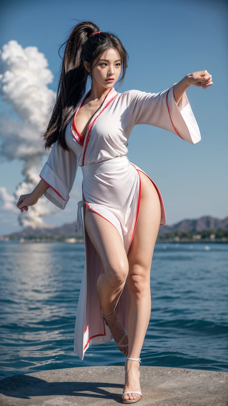 ((16K quality、highest quality、masterpiece、High resolutionであり、 real photos))、 (Super realistic、photorealistic)、(professional quality、High resolution)、(((long shot、Full-body portrait of a person standing with one leg raised)))、(((in the forestで立って股割をしているセクシーな忍者)))、(((Japan Forest、river、in the forest:1.2)))、 (((Sexy red and white kunoichi、No sleeve、white obi、Red front droop、Red back of hand、thigh slit:1.2)))、(((standing_split、i-shaped balance、Raise one leg vertically above your head、stretch your legs、Extend your knees and raise your legs、Grasp the raised leg with one hand、Red front droopが横にズレて赤パンティが見える:1.5)))、(((high kick panty shot、Red panties are visible through the front apron that has shifted to the side)))、(((High cut high leg red panties、V-zone up to the waist)))、 (F cup breasts)、cleavage、(high ponytail、white hair clip)、((Beautiful glossy brown hair、Put out both ears))、beautiful legs、(((Stargazing、open your mouth)))、 (((ecstatic expression、A face full of pleasure、feel ecstasy、Climax、Eyebrows and outer corners of the eyes drop)))、embarrassing、(Big eyes、very beautiful and modest makeup, Makeup is light,)、(Cute Japanese girl in her 20s)、perfect body、perfect hands、perfect hands指、detailed and beautiful lips、Clear, beautiful face and well-proportioned eyes、highly detailed eyes and face、well-groomed nose、thin eyebrows、(perfect eyes)、 border light、realistic light、 (soft light, high quality, smooth and sharp, 10x pixelization, beautiful eyeshadow)、detailed and beautiful lips , cute round face, plump thighs、emphasize the thighs、hairstyle with bangs、delicate body、slim、skin that reflects light、model body shape、detailed fingers、beautiful eyes、long eyelashes、8head and body、Low - Angle、light reflected in the eyes、smaller face、double eyelid、big eyes、lip gloss、looking at the camera、background bokeh、Movie lighting from the front、light on the face、