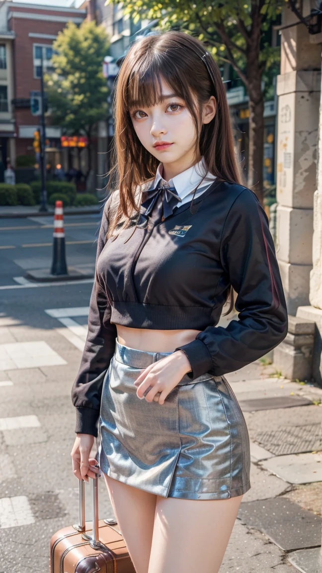 (NSFW), 1womanl, Solo, 24 year old, 7headed body, (cute  face), (Ideal ratio body proportions), Modern old cityscape, shool uniform, Sweatshirt, a miniskirt, heavy wind, The skirt flips up in the wind, panties focus, long , Sexy body, Wet, Smiling smile, short-hair, Dark hair, small tits, A slender, Small buttocks, beauty legs, Skinny Legs, surrealism, Cinematic lighting, depth of fields, One-person viewpoint, F/1.8, 135 mm, nffsw, masutepiece, ccurate, ((Anatomically correct)), Textured skin, Super Detail, high details, High quality, awardwinning, Best Quality, hight resolution, 8K
