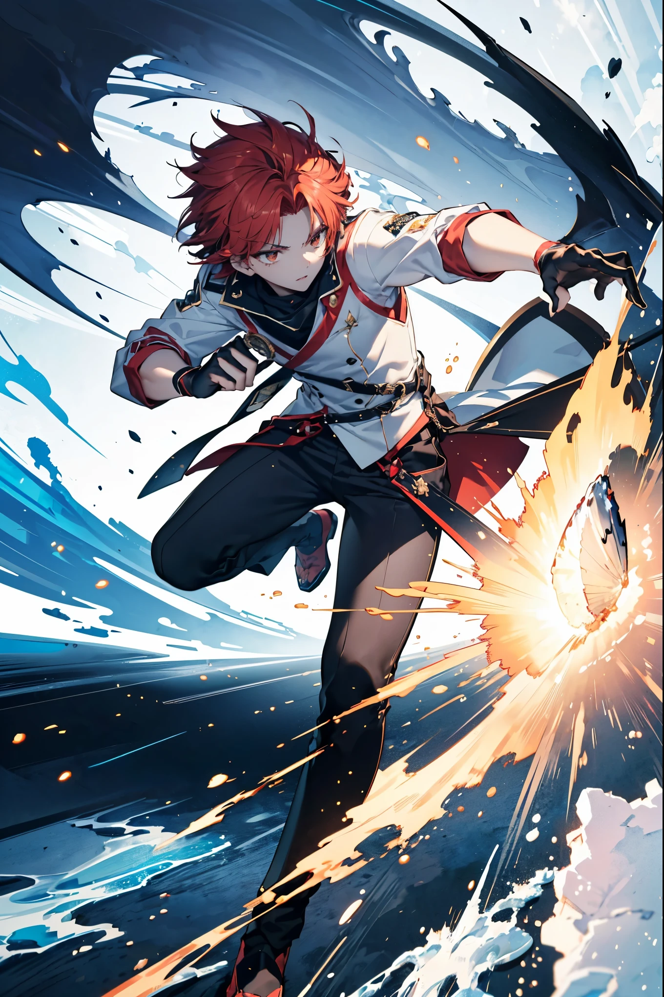 masterpiece, ((best quality, delicate hair, delicate eyes, ultra-detailed,)) ((male, handsome male, sharp golden eyes, androgynous face, bright red hair)), ((golden eyes, mysterious appearance, muscular, wearing disheveled black shirt, black skinny pants, red dual swords, dual-handed sword stance, precise sword stance, swordsmanship posture)), sword master, (dynamic pose, battle stance, cloudy sky background, detailed anime style illustration, intense expression, aura of hidden power, flames and sparks, extremely detailed, strong shadows), ((proper hand anatomy:1.4)), ((proper body anatomy:1.4)), ((proper leg anatomy:1.4)), ash, ice, ink wash painting, ink splashing, color splashing, action lines, motion blur, dramatic lighting, sword reflection