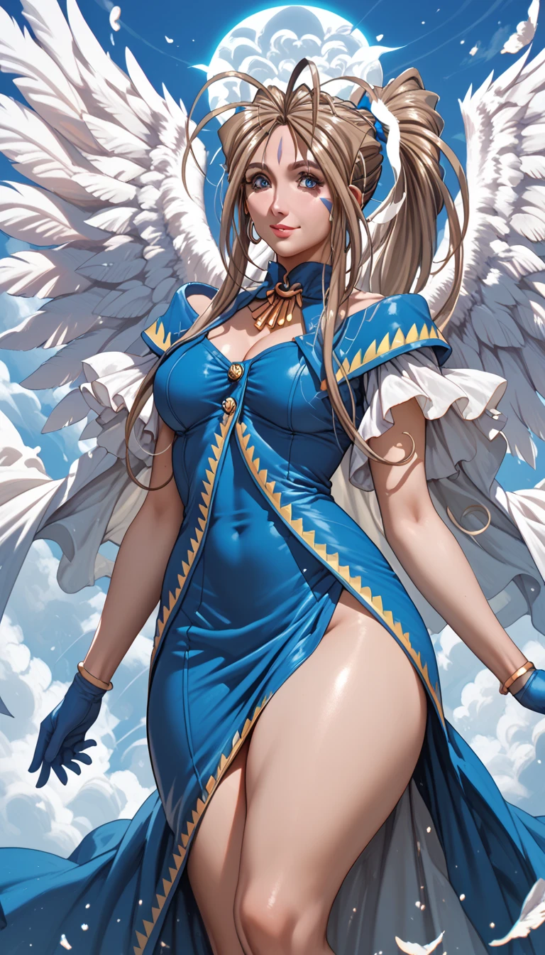 (masterpiece, best quality), 1girl, beautiful face, <lora:astraea-lora-nochekaiser:1> astraea, angel wings, blonde hair, long hair, (red eyes:1.5), wings, corset, navel, skirt, blue skirt,