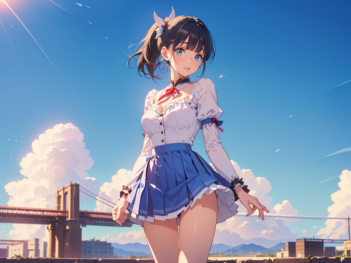 masterpiece, (realistic, photo realistic:1.2), ((highest quality), extremely fine and beautiful, beautiful face details, real human skin, realistic, photorealistic, 1girls, small girl, chibi, smile on face, cow-boy shot, (mahoushoujo:1.2), madoka outfit, Tiny breasts, emphasis A-cup, White shirt, White underwear, (wind, wind lift, Skirt lifted by the wind, skirt rolled up by the wind, Skirt flutters:1.5), (Fully exposed panties:1.5), (white panties:1.5), (standing a:1.7),