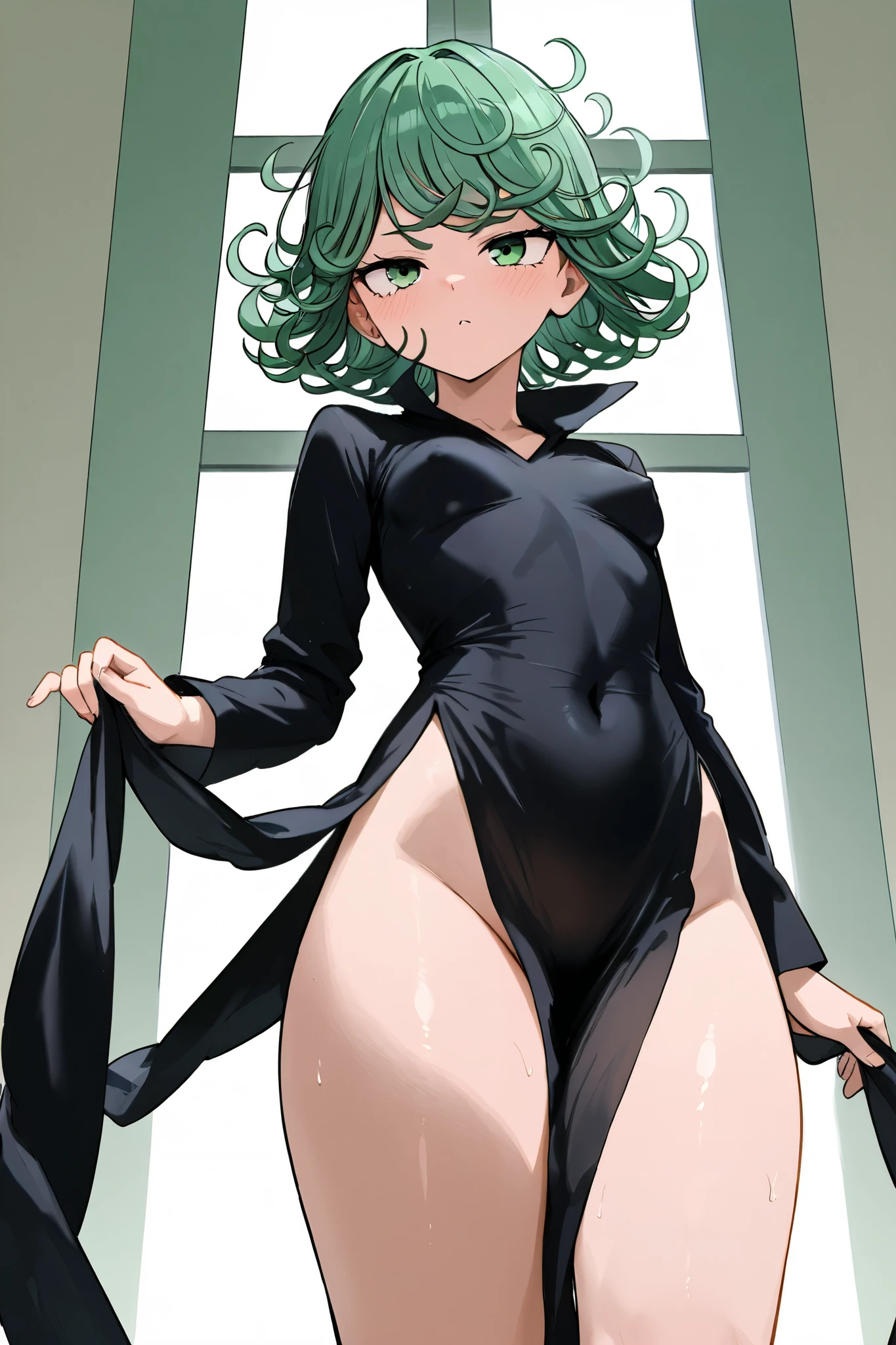 (beste-Qualit, 8K, 12), 1 girl, tatsumaki, Short Hair Hair, green hair, little chest, the perfect body, ultra detail face, detailed lips, Slender Eyes, gown, stands, enticing, Excited, convex areolas, steam, From Bottom , naked, nudes, (smal boobs), ((masturbating)), ((thick thighs)), spreading legs