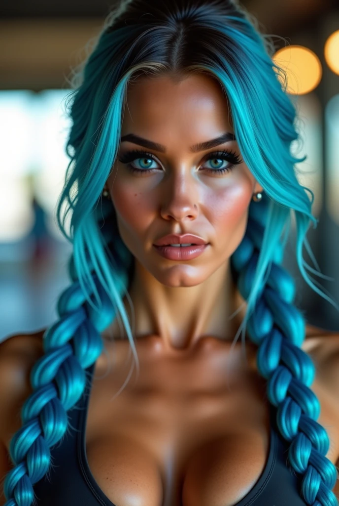 Generate a (hyperdetailed, realistic, Full Body), photo of Nia, (((turquoise color eyes))), (((long, silky, straight, Ombre blend of shimmering silver and celestial blue hair))), (((Position Nia with her long, silky hair styled in a messy bun hairstyle, strands framing her face delicately))), (fair skin:1.4), (((Massive round natural breasts with deep cleavage))), (Massive Breasts:1.8), (Greek and Russian mix ethnicity), (hourglass figure, perfect body, NSFW, perfect anatomy, masterpiece, best quality). Close-up portrait of Nia showing only her face and neck. She has a messy bun with a few loose strands framing her face, and soft, natural makeup that enhances her glowing skin. Her serene expression is highlighted by gentle, flattering lighting that creates a soft glow. The background is a simple, blurred light grey to keep the focus on Nia's elegant features. 8k, (Fit, Athletic, Tall), (Massive Breasts), (Highly detailed facial and skin texture), (Best quality, ultra detailed, Golden ratio, Masterpiece:1.2), (Theatrical lighting:0.7, Perfect rare face), (Highly detailed skin), skin texture, Pale skin, shiny skin, (thin, large size:1.2), [:(Sharp focus on rare face, perfect eyes:1.2):0.2], hyperdetailed photography, UHD, realistic skin texture, shot with Canon EOS 5D Mark IV and Canon EF 50mm f/1.4 USM lens, highly detailed.
