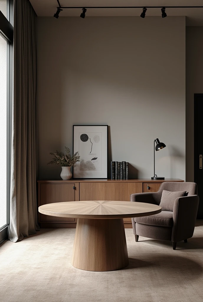 PROFESSIONAL 3D RENDERING OF ARCHITECTURE FROM THE DESIGN OF A ROOM WITH A VERY MODERN AND VERY MINIMAL MEDIUM WOODEN ROUND TABLE TO DARK STILLEY AND MURALS VERY MODERN AND VERY MINIMAL STYLE AND BAHAUS DESIGN AND DARK MAHOGANY LOUNGE ARMCHAIR AND A VERY MODERN AND VERY MINIMAL STUDY LAMP AND BAHAUS DESIGN