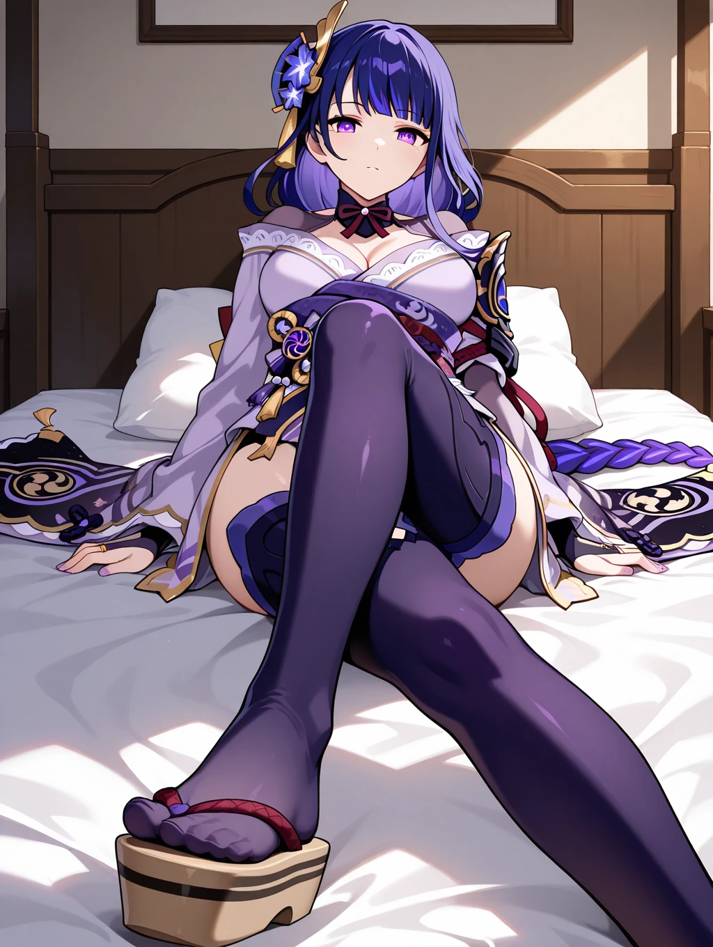 1 girl Genshin impact Raiden Shogun in bed being fucked in anus by white man. all clothes removed. 1 man behind Raiden Shogun with one hand on her waist and the other on her anus, his dick is going into her vagina