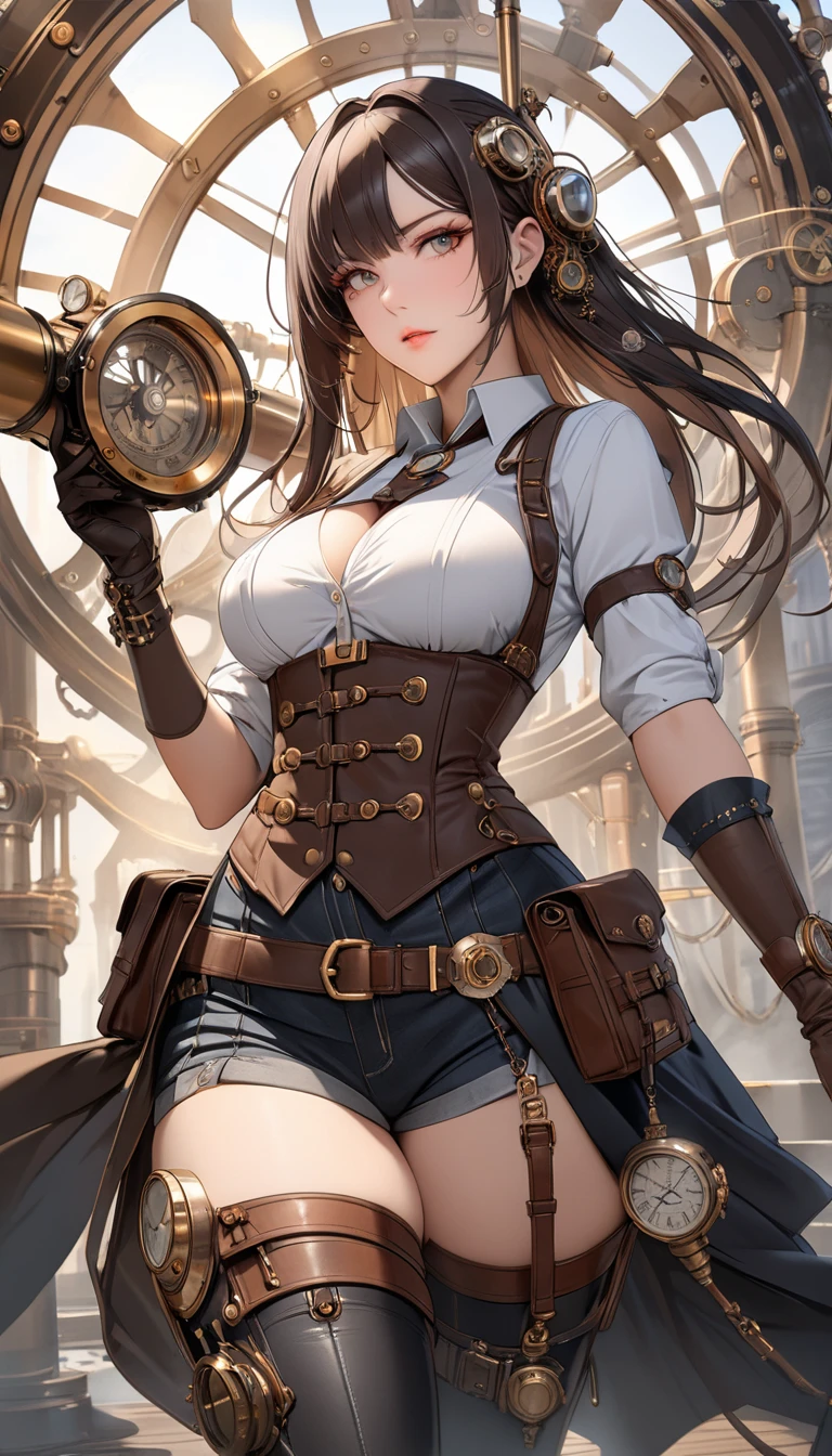 steampunk woman body defined thick thighs, slim and fit, (extremely intricate steampunk top hat:1.1) short underwear, victorian age railway station in background, ((steam locomotive in background:1.3)), dramatic light, victorian age, steampunk style