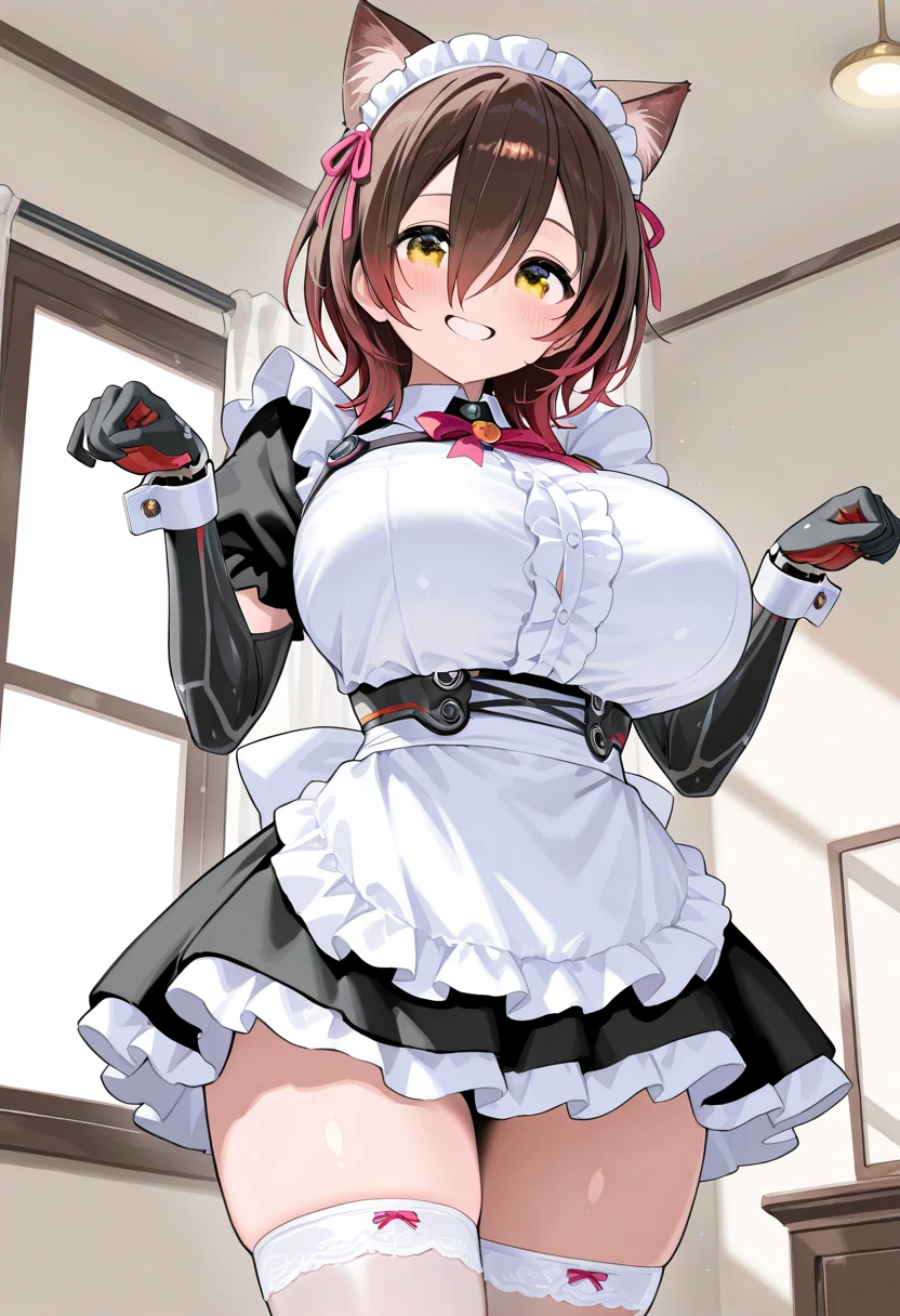 1 girl, detailed anime, best quality, masterpiece, castle dining hall, red hair, green eyes, dull eyes with purple glint, hypnotized, mind control, wavy hair, black latex maid uniform, black latex skirt with frills, white shiny latex frills, frills reflect light, cute latex frills on edges of outfit, white latex maid apron, shiny latex, black latex gloves with frills, latex stockings with frills, outfit covers boobs completely in black latex, boob bulging against latex, side boob showing, puffy shoulders on outfit, metal cuffs on wrists, metal collar with lock, metal cuffs on ankles, big breasts, big thighs, big butt, hourglass figure, doing a deep curtsy, bowing down, showing submission, blushing, smiling, body quivering, quiver lines around hips, pleasure on face