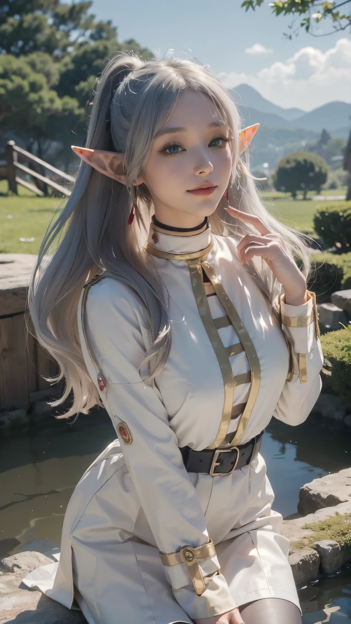 Frieren,(best qualityer,4K,8k,high resolution,work of art:1.2)(weather: windy), Japanese village background, Japanese garden, striped top, long sleeves, white capelet, belt, circle skirt, gold trim, black pantyhose, high boots, eyeliner, long wavy hair, twin tails, white hair, elf ears, ultra detailed, realistic, portrait, beautiful detailed green eyes, glowing eyes, blush, beautiful detailed lips, extremely detailed eye and face, long eyelashes, sexy, average, large breasts, beaming smile, sexy smile, powerful girl, elegant pose, stunning curves, bright coloured, dramatic lighting, magic staff, magic sparkles, hair flying,