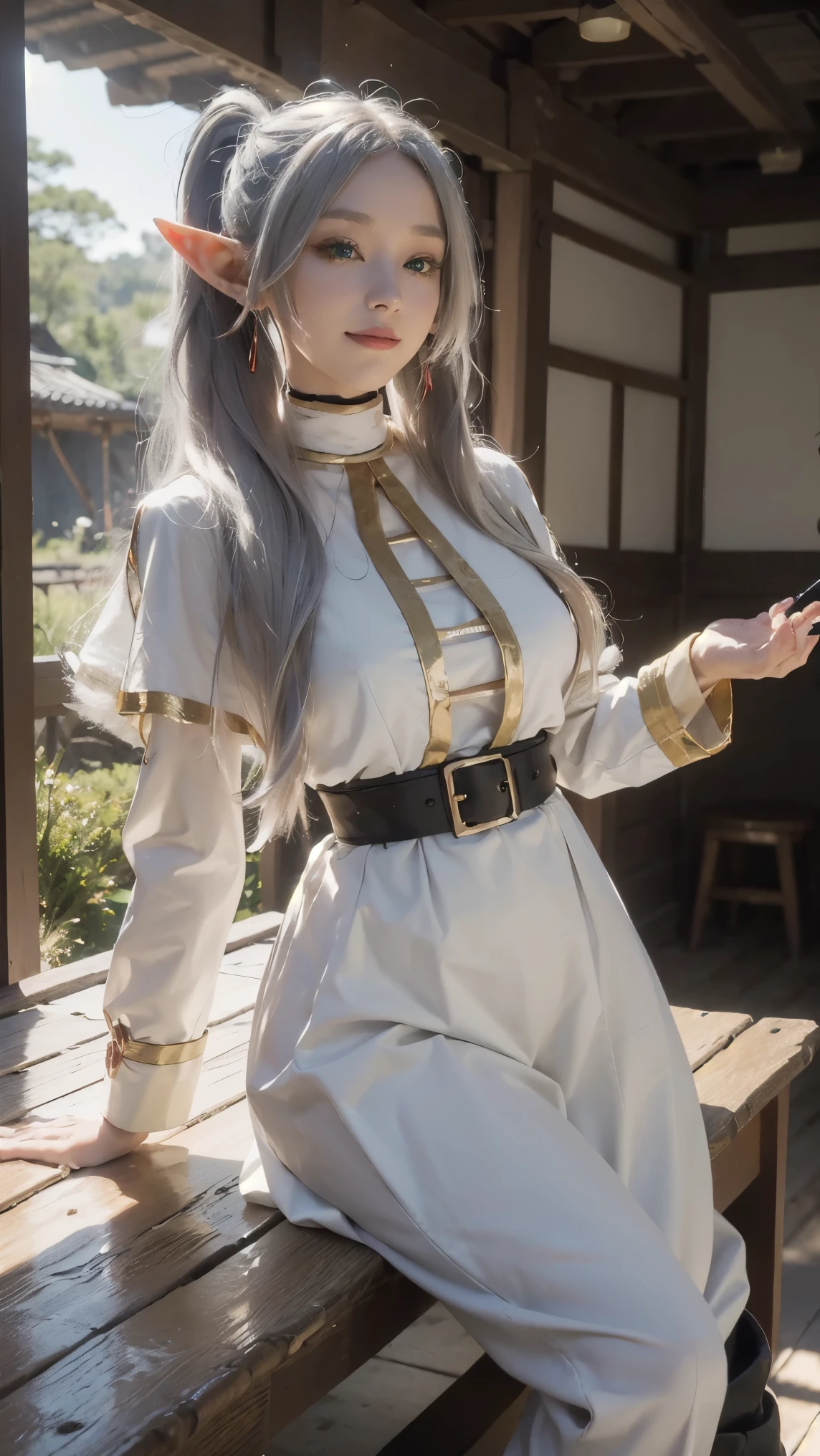 Frieren,(best qualityer,4K,8k,high resolution,work of art:1.2)(weather: windy), Japanese village background, Japanese garden, striped top, long sleeves, white capelet, belt, circle skirt, gold trim, black pantyhose, high boots, eyeliner, long wavy hair, twin tails, white hair, elf ears, ultra detailed, realistic, portrait, beautiful detailed green eyes, glowing eyes, blush, beautiful detailed lips, extremely detailed eye and face, long eyelashes, sexy, average, large breasts, beaming smile, sexy smile, powerful girl, elegant pose, stunning curves, bright coloured, dramatic lighting, magic staff, magic sparkles, hair flying,