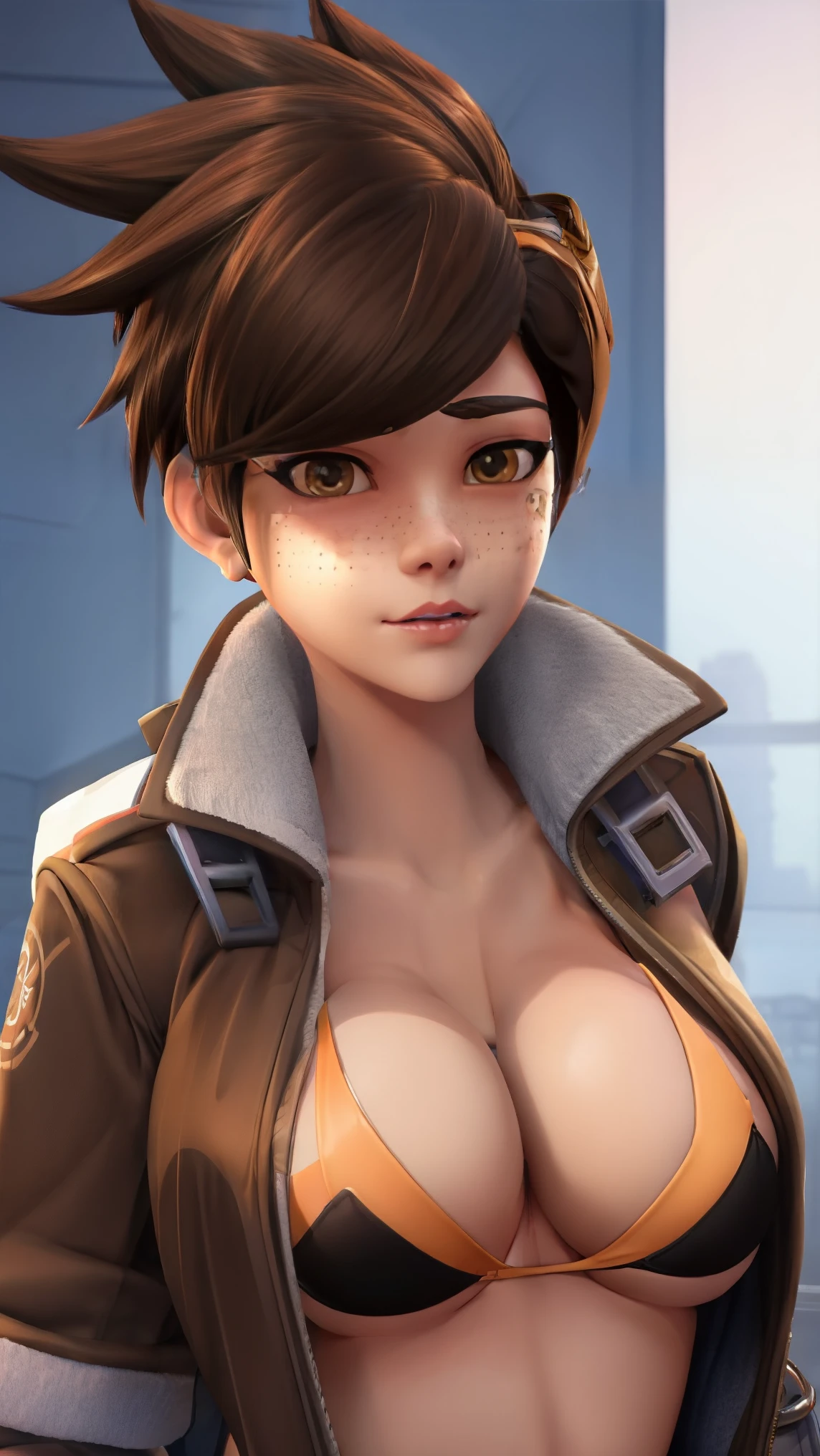 Tracer from overwatch is wearing a lewd thong, bra, and jacket and is posing for her first porn. front view. freckles. pussy. sexy pose. nsfw. slut. sexy. nude. porn