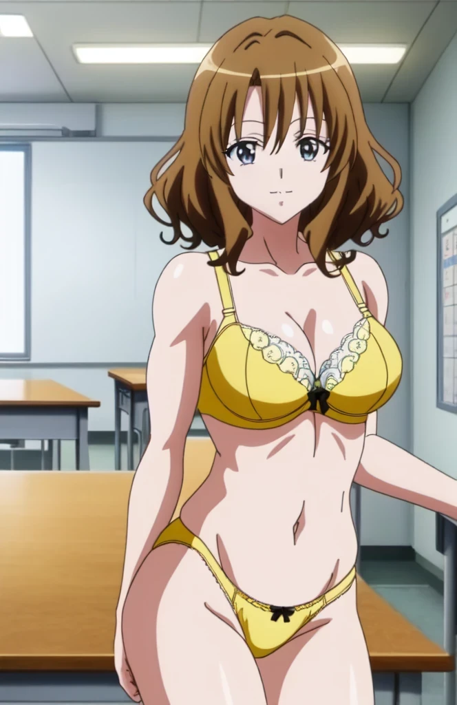 masterpiece、 best quality 、1woman、 anime woman in a yellow bra with a black bow and yellow panty with a Black bow、Woman with short brown hair、Brown eyed woman、 wavy hair、seductive anime women、clothing: yellow bra、Yellow panties、 black knee-high socks that definitely show your head、Tall Woman、 Sexy Vibe 、 anime Moe art style、Big Breasts、 woman with very big breasts 、( anime girl )、attractive anime girl 、 naughty anime style 、 beautiful attractive anime 、 Smooth Animated CG Art 、 school classroom、indoor、cleavage、navel、midriff、abs、collarbone、biceps、triceps、deltoids、thigh muscles、Bare shoulders、Bare Arms、Bare Crotch 、bra with an yellow、panty with an yellow、knee-high socks with an black、whole body、Indoor shoes、 the girl is standing 、 digital animation art!!、 Cowboy Shot、looking at viewer、Female focus、 perfect body、sexy anime girl 、 full body、 Anime Best Girl 、Alone、Underwear only、Bra and panties only、8k!!、 high resolution!!、 very detailed、