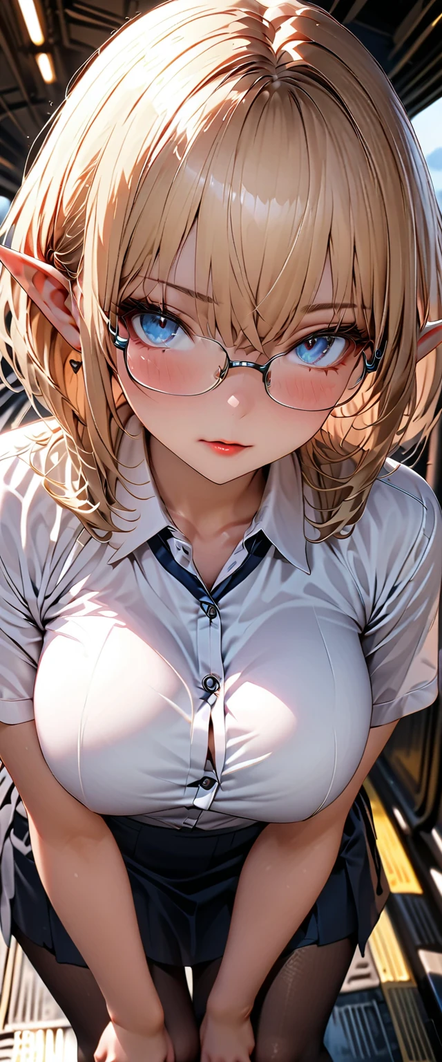 1womanl,Golden head hair,12year old ,((Impatient expression)),Beautiful breasts,(((Magical girl body tight suit and skirt)))(,well-styled,,(Facing the front)(((Blushing cheeks、Surprised look)),(((Braids))),((( Portrait from the knee up)))Frameless glasses,Blue eyes,(((Bangs are aligned)))((see -through))((Magical girl body tight suit and skirt))