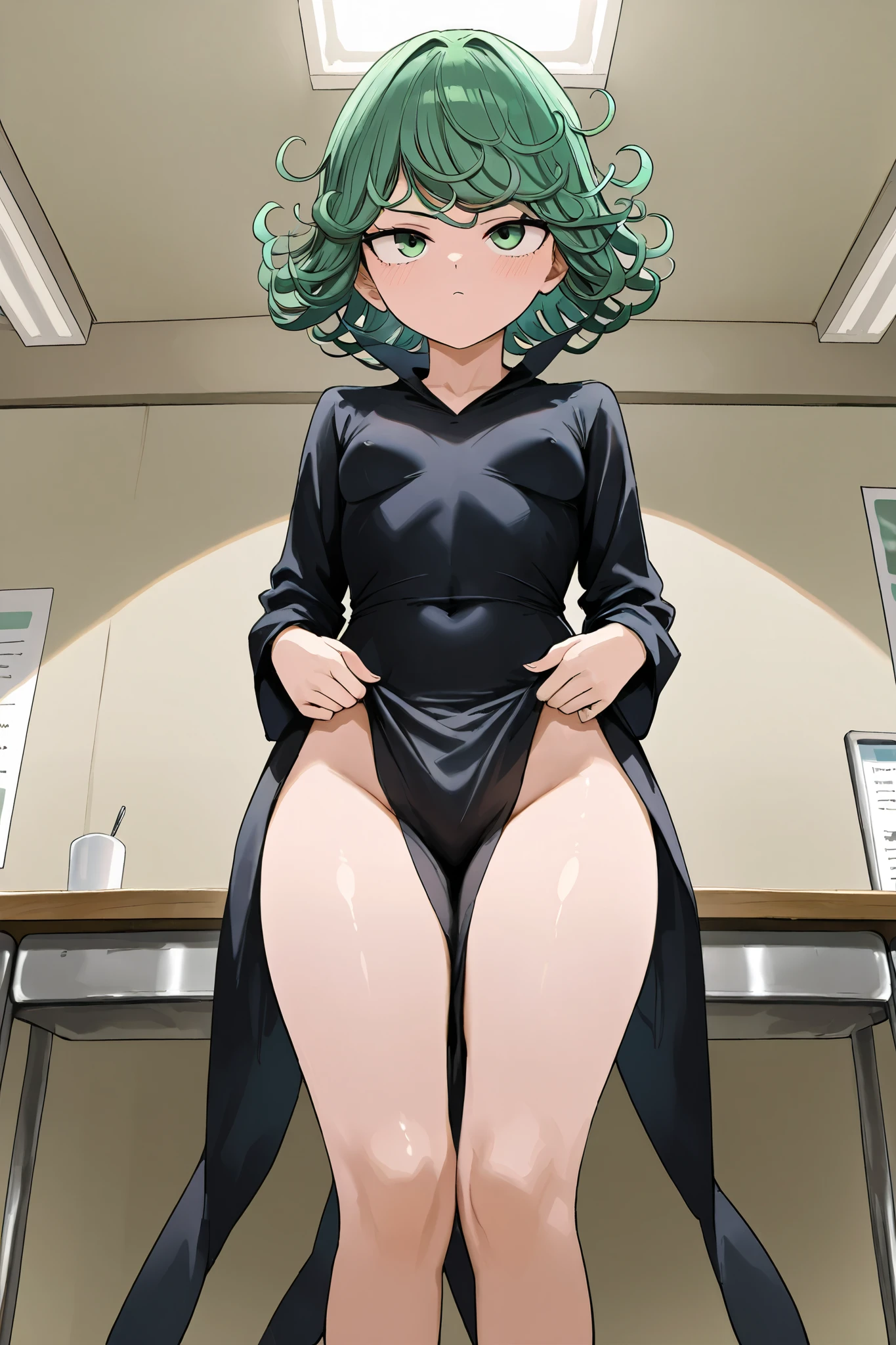 (pixel-perfect, detail-perfect), solo, 1girl, tatsumaki, black dress, original clothes, looking at viewer, nude, (pussy:1.2), no panties, pussy juice, wild lift, (arms behind on back:1.1), (masterpiece:1.2), best quality, super ultra high resolution, unity 8k wallpaper, (illustration:0.8), (beautiful detailed eyes:1.6), extremely detailed face, perfect lighting, extremely detailed CG, (perfect hands, perfect anatomy), 