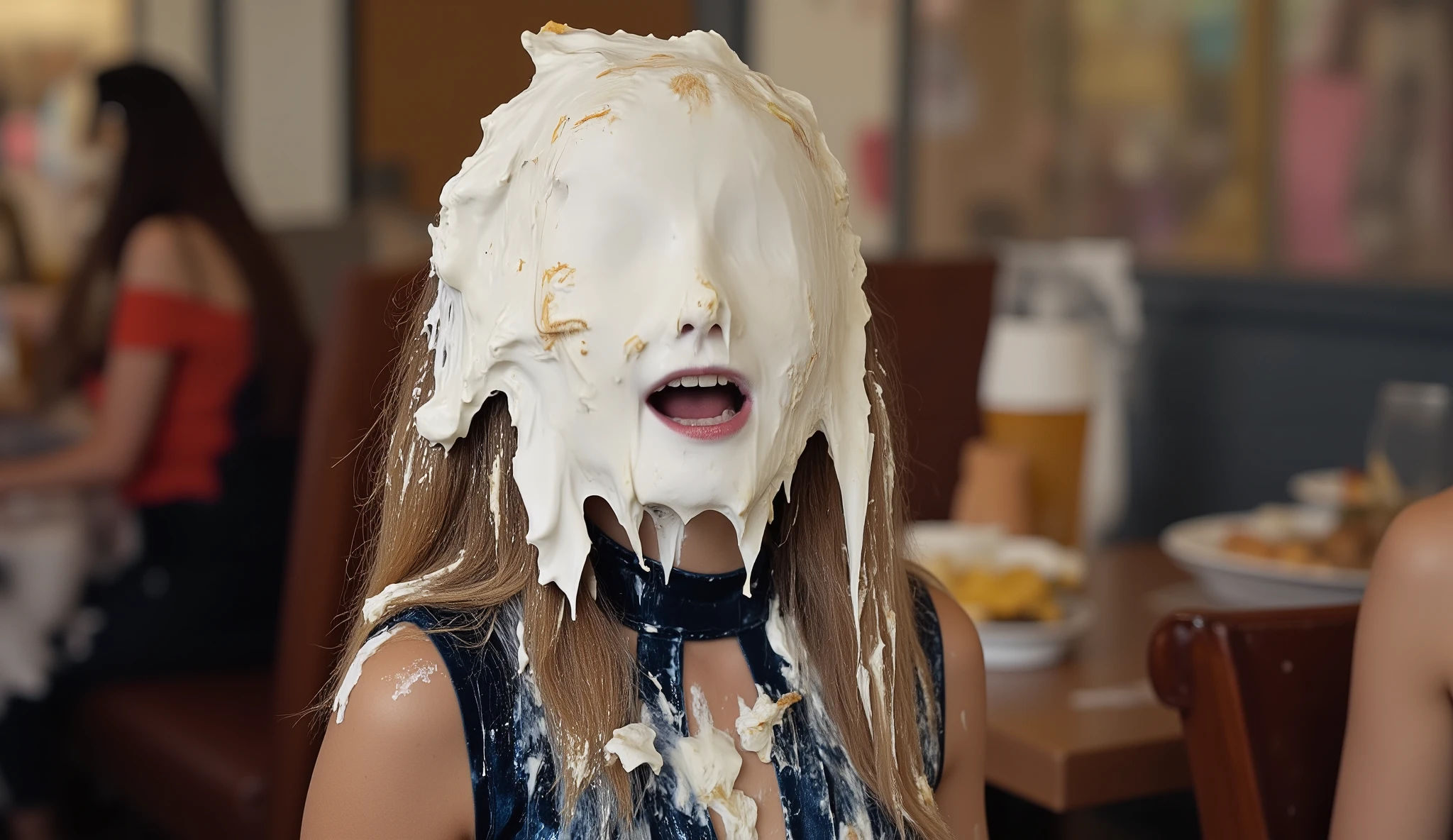 A beautiful 18-year-old girl with very long, straight blonde hair and wearing a dark blue velvet dress has a white paper plate stuck to her face. The plate covers her eyes, nose and mouth, hiding them from view. Restaurant setting.