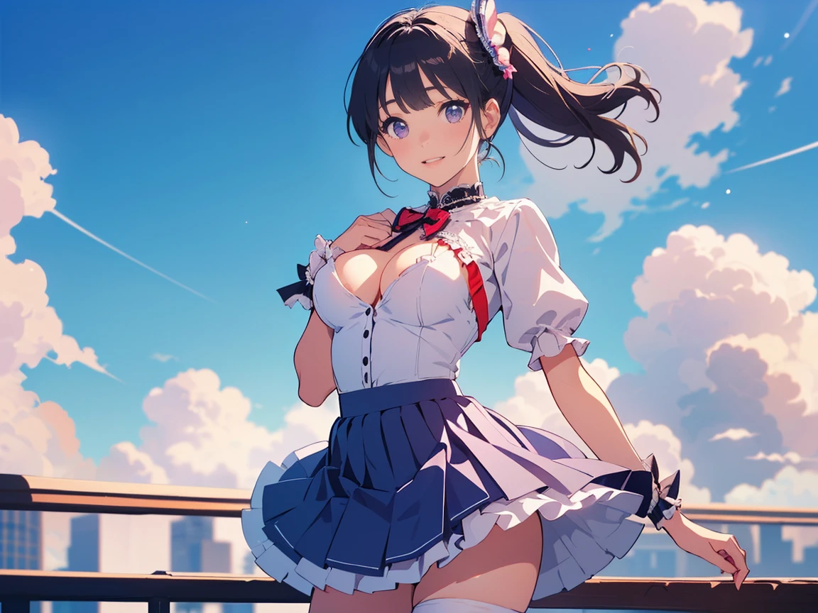 highest quality,wonderful,finely,extremely detailed CG Unity 8K wallpaper, (girls, cute eyes, (magical girl outfit,frill mini skirt:1.1), Black Hair, Blue Eyes, Twin tail clothed), (sparkling eyes:1.2), (skinny body:1.2), (huge breasts:1.1), (cleavage), (crop top navel), (open mouth:1.1), (long tongue:1.1), (mouth drool:1.1), (black stockings:1.1),(Thighs:1.2),(Waistline:1.1)