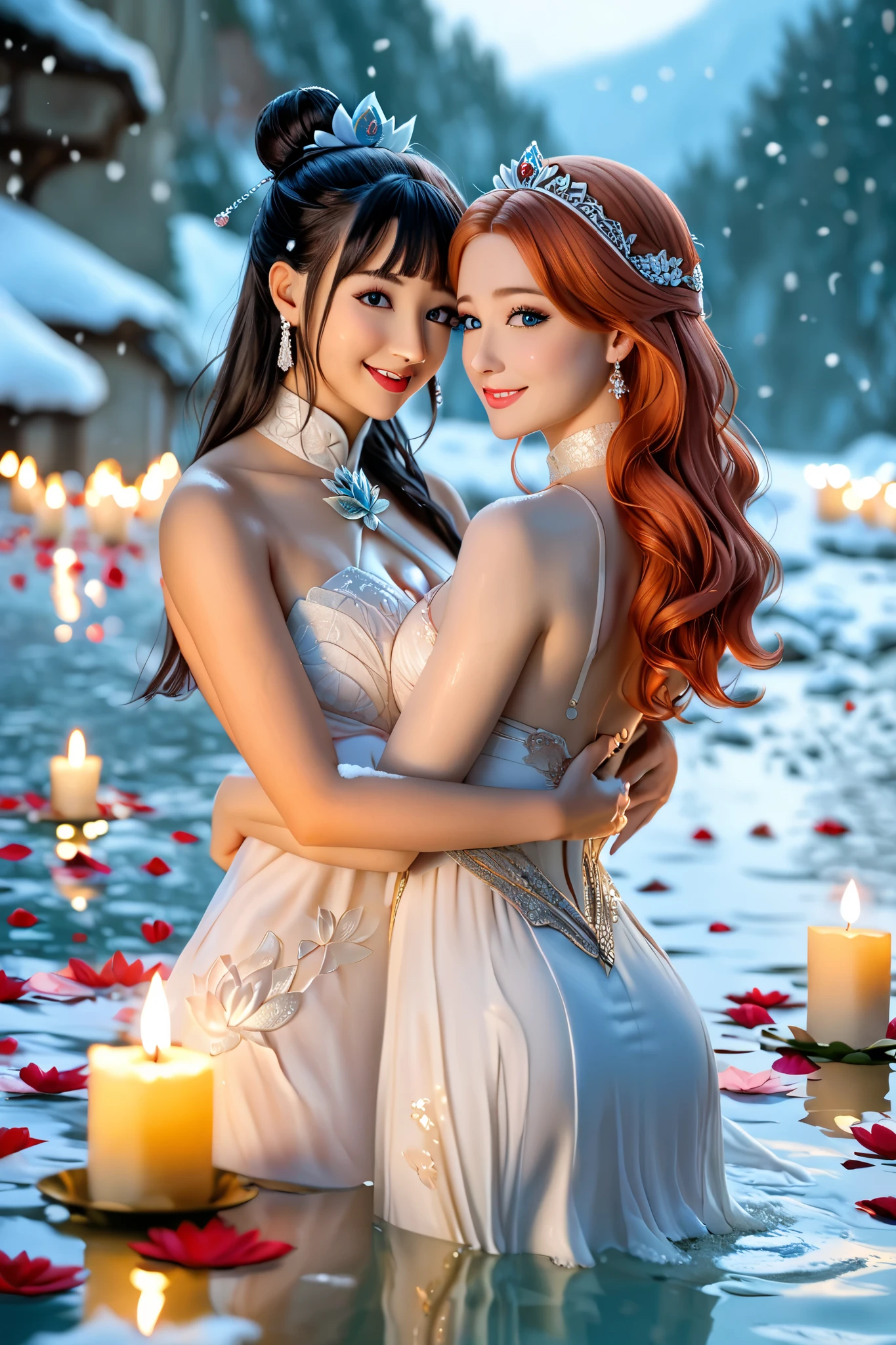 Soft candlelight illuminated the romantic atmosphere as Kalina and Rafa stood hugging each other, , lost in each other ' passion . Their eyes met, burning with desire and love . Rafa ' strong arms caressed Kalina 'bare back, , and when he pulled her closer , she got goosebumps , their bodies are intertwined .*
} Viburnum and a Chinese woman from the Hanfu period , her flowing white dress and graceful figure catch Your eyes with her delicate beauty. Her skin is white as snow , her beautiful eyes make You feel fascinated. Every movement she moves is like drops of water , lotus falling on tender petals . She's in her own world , , without any chaotic actions . She turns to look at You with a gentle smile on her pink lips. You can stop and admire her beauty as You please. I know how important it is to keep quiet .: darling , You' re, strangling me , Kalina whispered , her fingers stroke her sharp jaw .