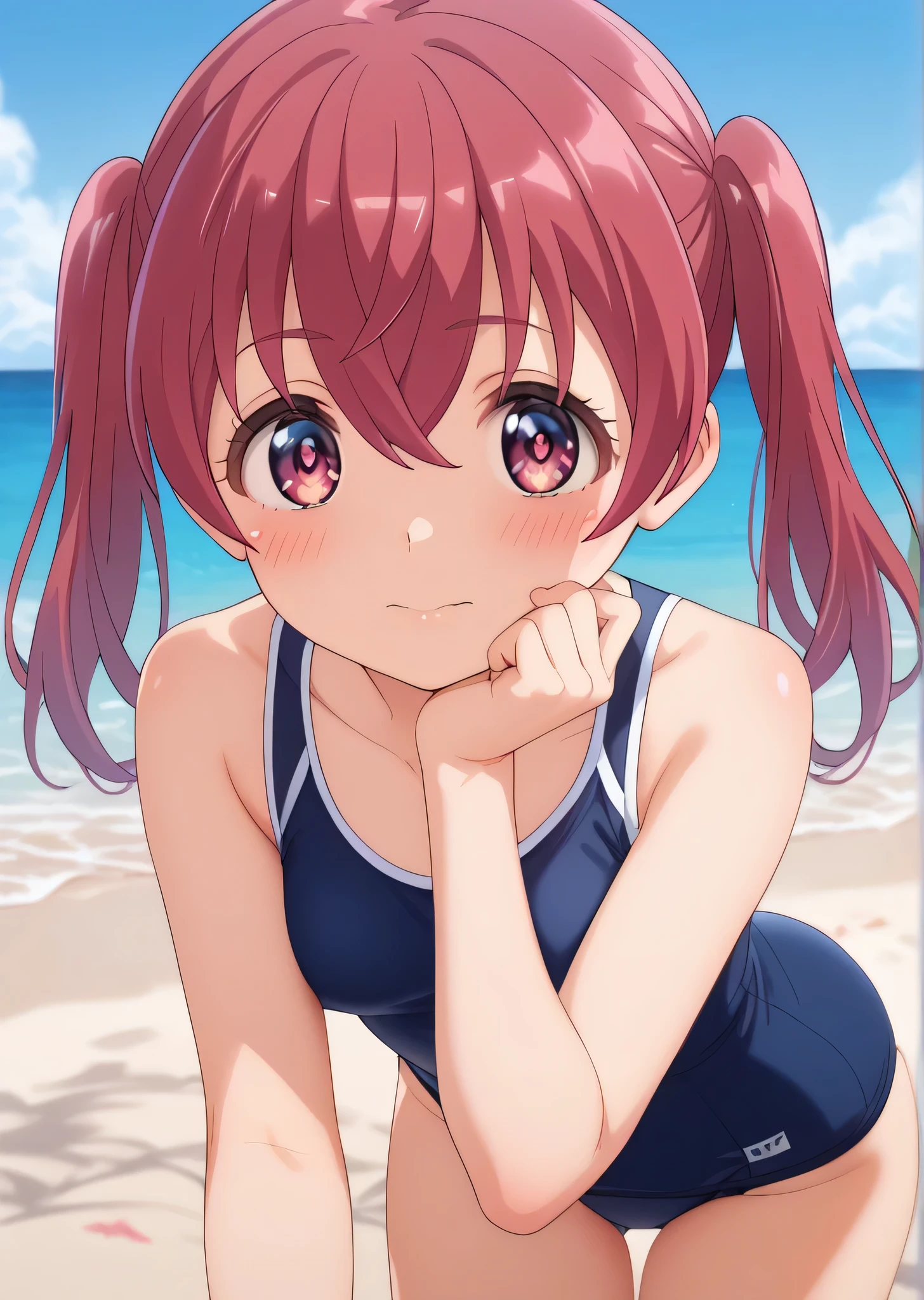 (((best quality))),(unparalleled masterpiece, side light, beautiful beautiful eyes: 1.2), ultra realistic 8k CG, perfect artwork, highly detailed, Mess, super high resolution, very super detailed,(((Kana SAKURAGI )))),((1 person)),Alone,(pink eyes:1.3,fine grain:1.1),((Navy Blue School Swimsuit)),((red hair)),twintails,hair between eyes, anime screencap,Perfect hands,(((cover your eyes with one hand:1.3))),rest,(((embarrassed,blush:1.3))),seductive pose,seductive pose,restingslender,hot,cute,perfectly symmetrical face,super cute girl,Super cute face,highly detailed eyes,super fine hair,super cute,very beautiful,Beach,(((Beautiful breasts: 1.3)))