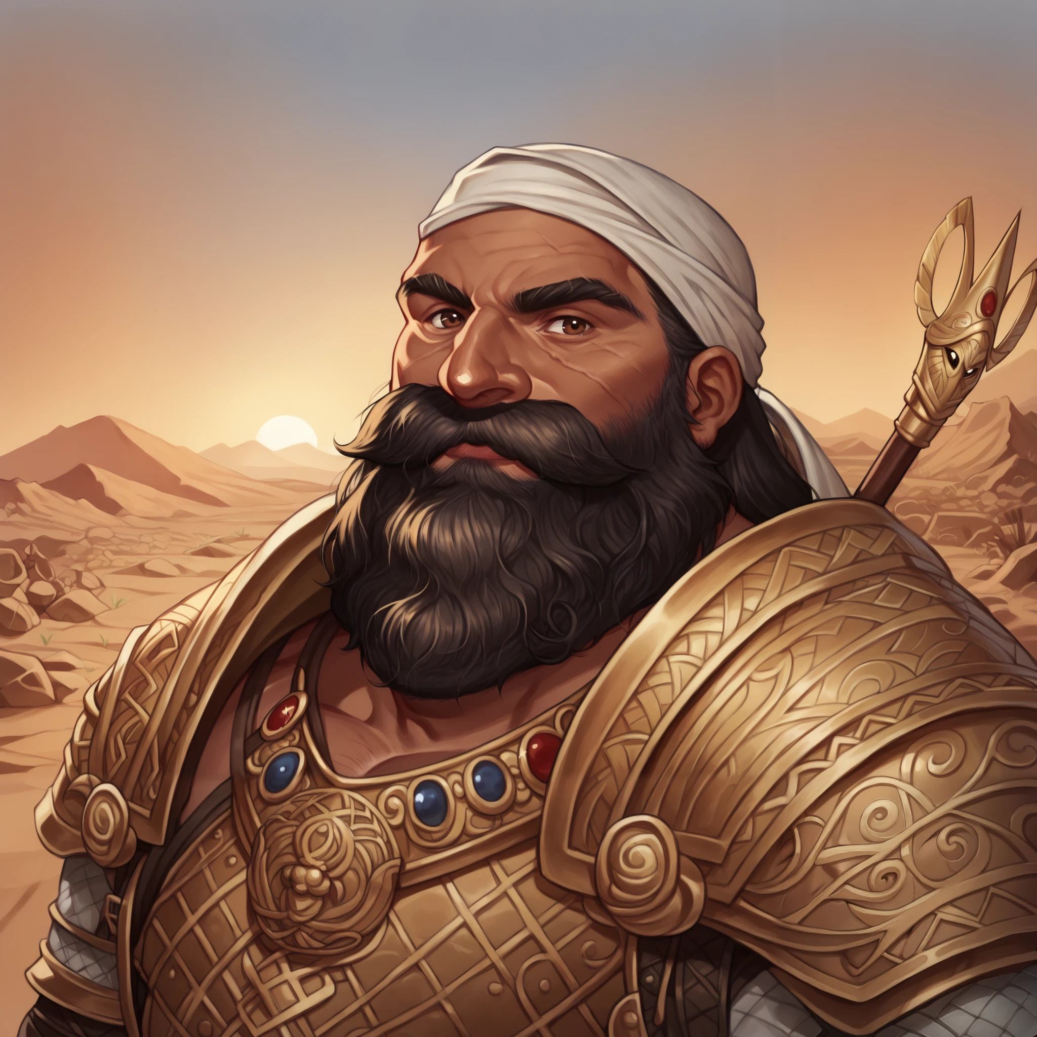 (((beautiful, high quality, comics style, detailed face))), score_9, score_8_up, score_7_up, BREAK, upper body, solo, 1man, (Dwarf, short stature, big nose), ((mature male, wrinkles)), ((dark skinned, +tanned)), (black beard, long dwarf beard, curly beard, brown eyes), (roman lorica armor, silver armor), solar person, smiling, BREAK desert, fantasy background, DeepNegative_xl_v1, detailxl, zPDXL3, detailxl, ((venetian mask:1, golden mask)), (wears a white headscarf, ghutra)