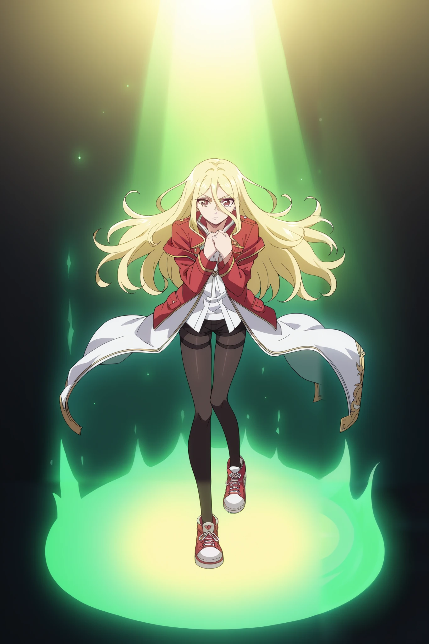 score_9, score_8_up, score_7_up, score_6_up, score_5_up, blonde face to the viewer, 1 girl, long-haired blonde, fragile, slim, light golden long hair to the waist , bangs on the forehead, hair between eyes , raspberry eyes , dark pink eyes , Warm jacket, warm shorts , warm tights , crimson sneakers , pressed her hands to her chest , light in the hands , full length style, the girl has a green aura, green glow , huge sea wave , huge wave behind , 🌊🌊🌊gloomy, darkness, black background
Masterpiece , high resolution, Accuracy, Best quality, Ultra high definition , bottom view, Shine, lines of motion , Lens glare, The back light , chiaroscuro, ray tracing, Divine rays
