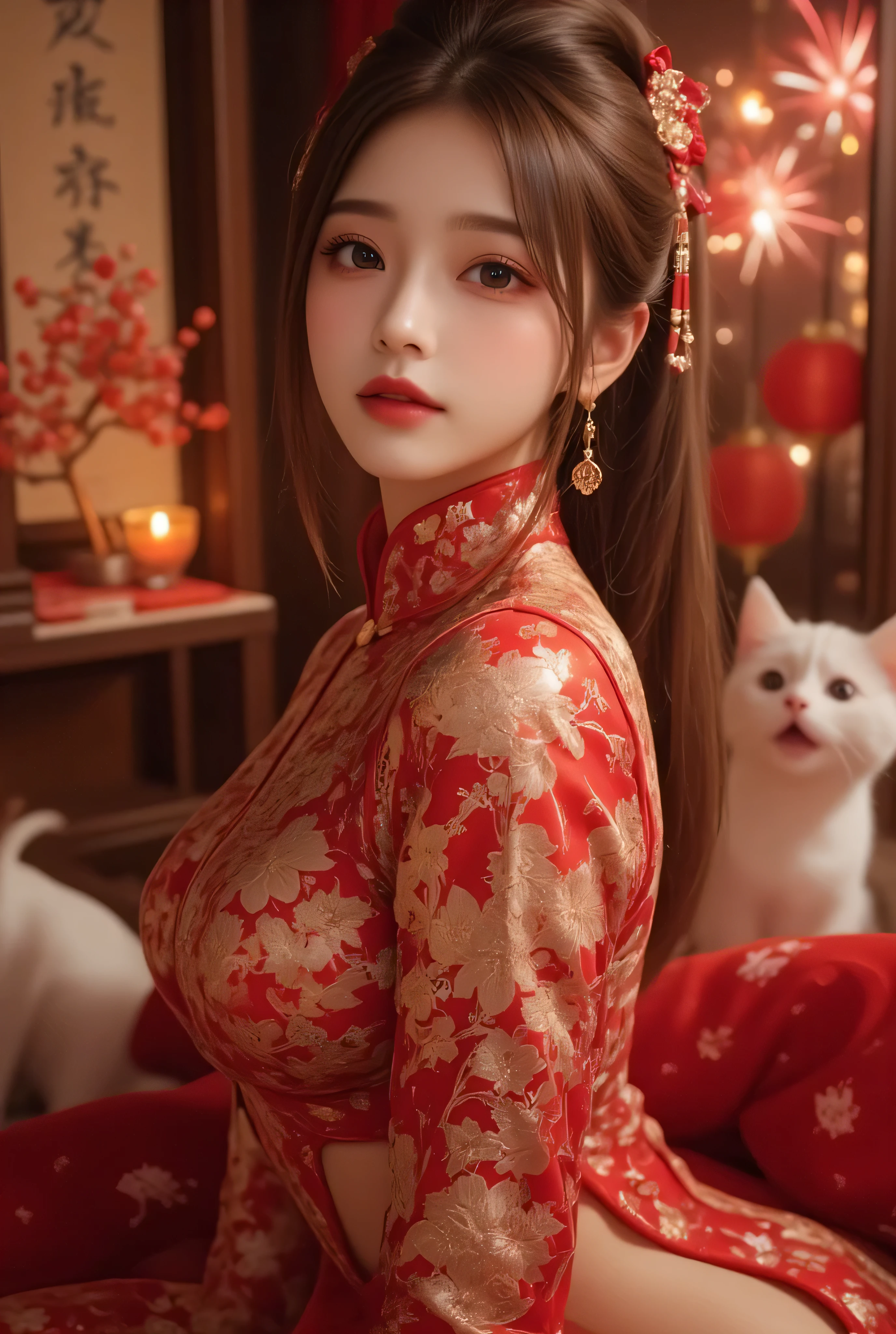 Cat ears、 face up, attractive, pretty girl, ponytail、 (( fine facial features , eroticism)), dramatic lighting , realistic , 8k, Dramatic Shadows , intricate and elaborate patterns , super detailed photo , chiaroscuro lighting , Pleasant colors , deep contrast , super real 、 pink lipstick、 warm room、Vintage Fireplace 、 cinematic composition、Close-up of face, pretty half part transparent open shoulder loose outfits dress, tang style, A beautiful Korean idol wearing a one piece red- black tightly cheongsam with phoenix and intricate floral golden embroidery, golden and silver outline on dress, hand hold pink feathers transparent Chinese fan with golden ink painting of bird and tree , standing gracefully in a room filled with traditional Chinese New Year decorations. The room features vibrant red lanterns, decorative calligraphy scrolls, a small Chinese orange tree with golden ornaments, and several red envelopes scattered across the floor and hanging from the tree. Adorable, playful cats are part of the scene—some sitting near the tree, others curiously pawing at the red envelopes or lounging around. Through a window or an open door in the background, vibrant Chinese fireworks light up the night sky in an array of reds, golds, and blues, casting a magical glow into the room. The idol’s outfit is paired with subtle accessories like red hairpins or earrings, complementing the festive look. The atmosphere is warm and lively, filled with the joyful essence of the celebration, enhanced by the shimmering lights of the fireworks and the lively decor.