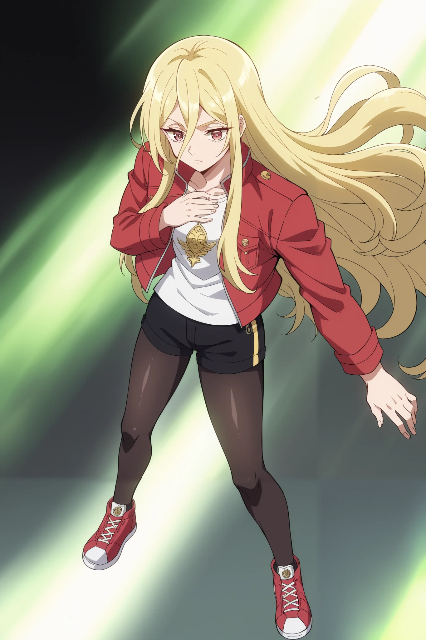 score_9, score_8_up, score_7_up, score_6_up, score_5_up, blonde face to the viewer, 1 sixteen year old girl, long-haired blonde, fragile, slim, light golden long hair to the waist , bangs on the forehead, hair between eyes , raspberry eyes , dark pink eyes , Warm jacket, warm shorts , warm tights , crimson sneakers , pressed her hands to her chest , light in the hands , full length style, the girl has a green aura, green glow , huge sea wave , huge wave behind , 🌊🌊🌊gloomy, darkness, black background
Masterpiece , high resolution, Accuracy, Best quality, Ultra high definition , bottom view, Shine, lines of motion , Lens glare, The back light , chiaroscuro, ray tracing, Divine rays