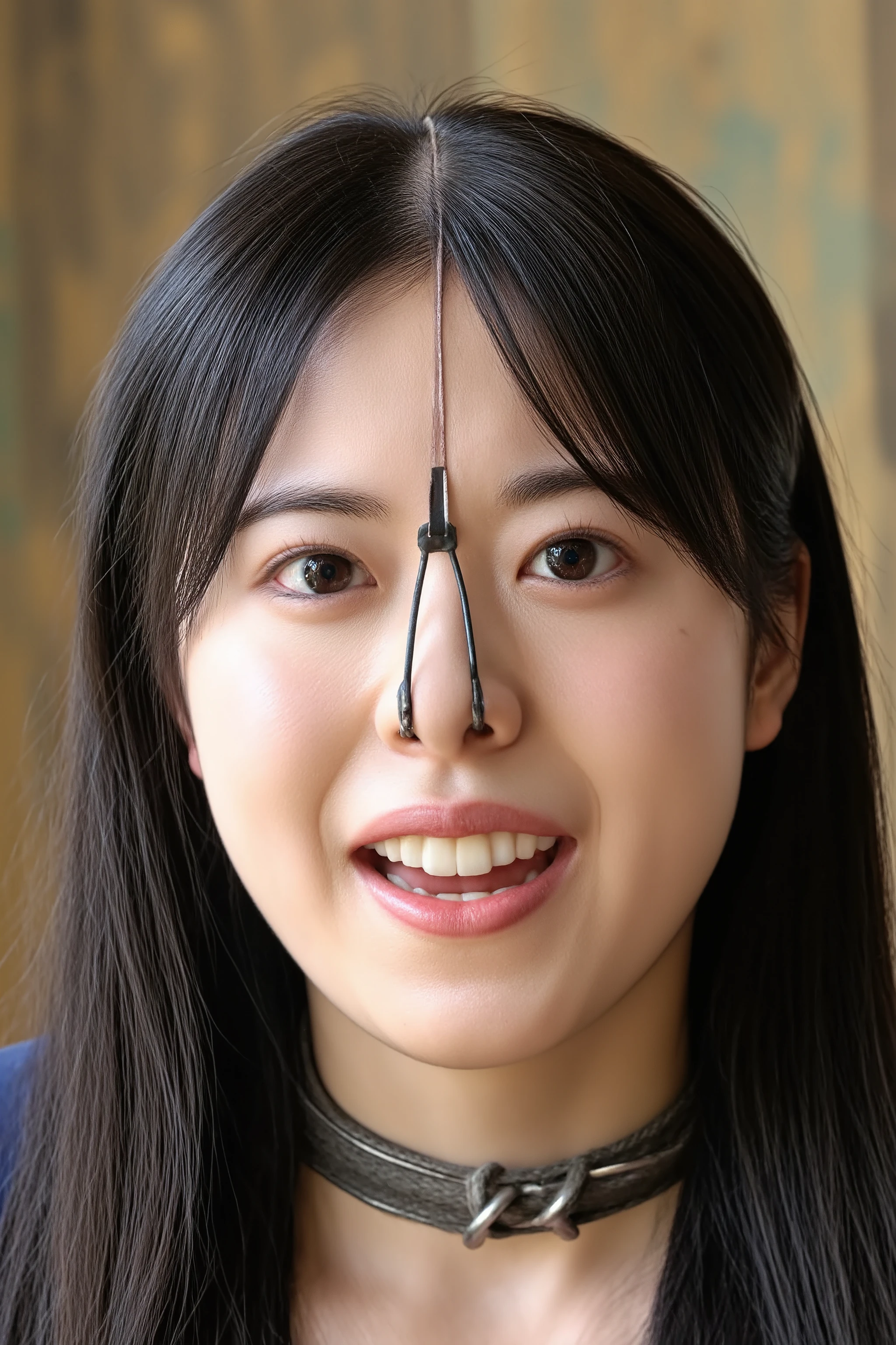 A high resolution photograph of a Japanese mature woman, masterpiece, photo-realistic, sharp focus, portrait, fashion shoot, solo, 1girl, clothed, straight long black hair, (nose-hook with strap wrapped around head top, metal collar, open mouth:1.2), joyful expression, looking at the camera, (face focus, close-up of face, front view, view from below),