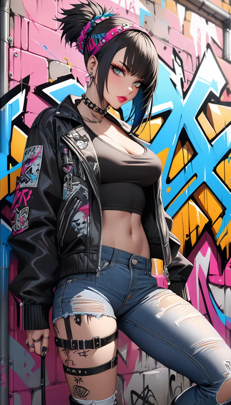 SHe has tan skin with blue eyes and dark hair with a bit of pink in it, She has a piercing in one of his eyebrows and one shaped shaved heart in the other and the side of his head shaved, She has a stripe sleeveless shirt under hER leather jacket and baggy jeans with red and white shoes on hER feet, SPARKLE; GLITTER