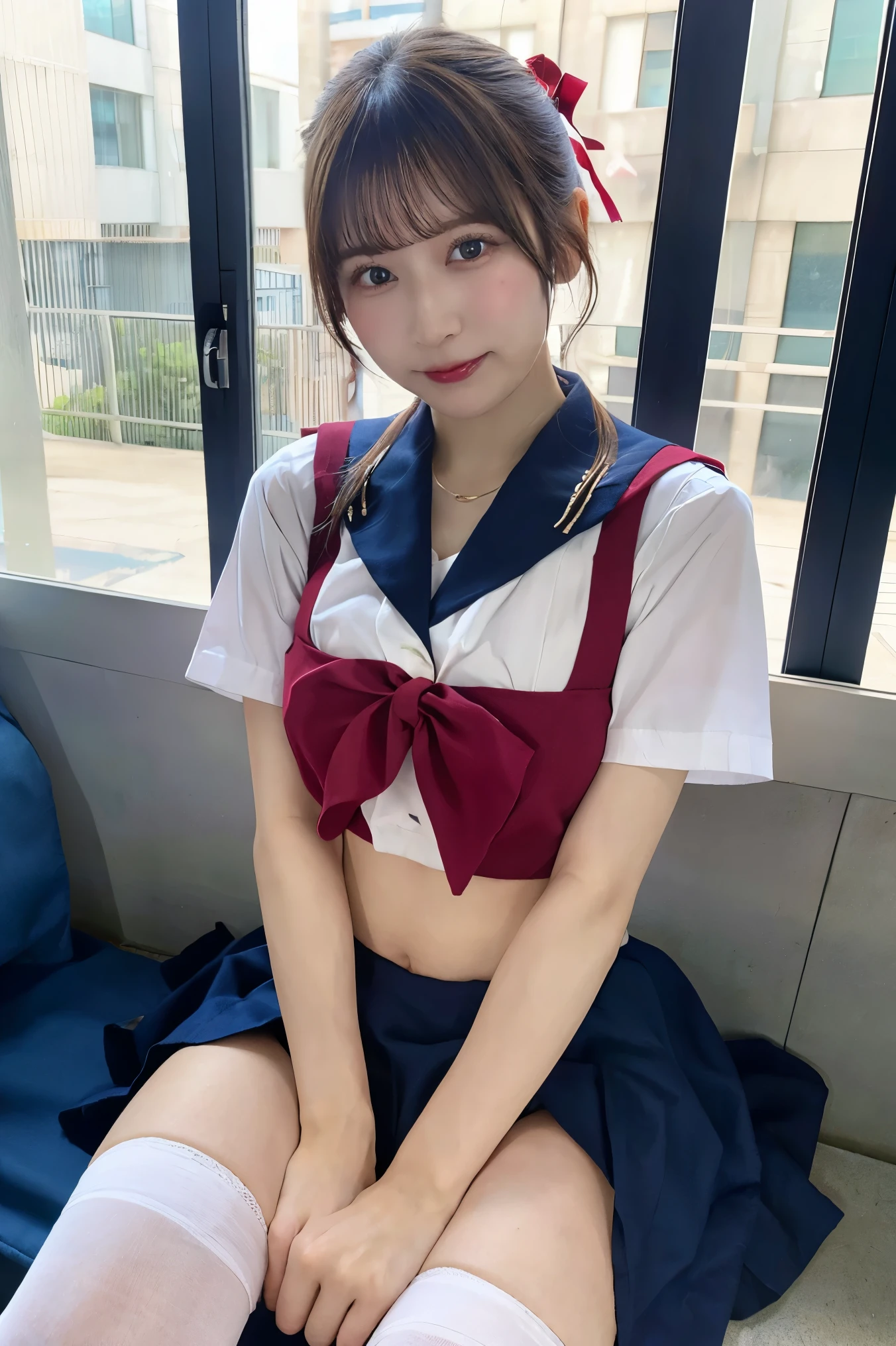 Photo quality,Masterpiece,Realistic,(Cute 16 year old Japanese sister:1.9),(Detailed young face:1.9),(Very embarrassed look:1.9),(Thin legs:1.9),(Gravure idol cute pose:1.9),(Cute high school girl outfits:1.9),((Droopy eyes:1.9)),((Body type of a 16 year old girl,Small Tits:1.9)),(Smooth layered hair:1.9),((Skinny Legs)),Very pale skin,Show your forehead,Detailed body,Detailed hands,No makeup