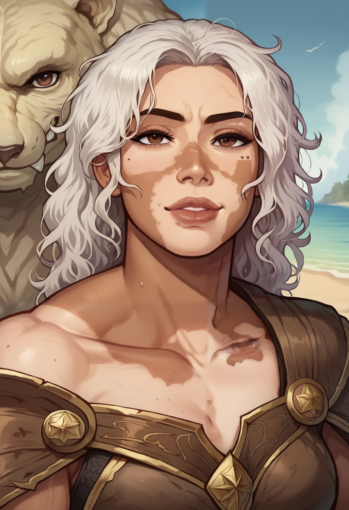 (((beautiful, high quality, comics style, detailed face))), score_9, score_8_up, score_7_up, BREAK, solo:1.6, (vitiligo skin, skin discoloration, body mark, facial mark) woman, brown eye, (((wide body, swoll, muscular, muscle))), ((wide shoulder)), (square face, high cheekbones, strong jaw line, thick lips), ((flat nose)), (dark skin, dark-skinned), ((white hair, messy wavy hair)), (smug grim, teeth), wears a brown leather armor, (fighting stance), facing the viewer, outdoor, fantasy, beach background, blurred background, DeepNegative_xl_v1, detailxl, zPDXL3