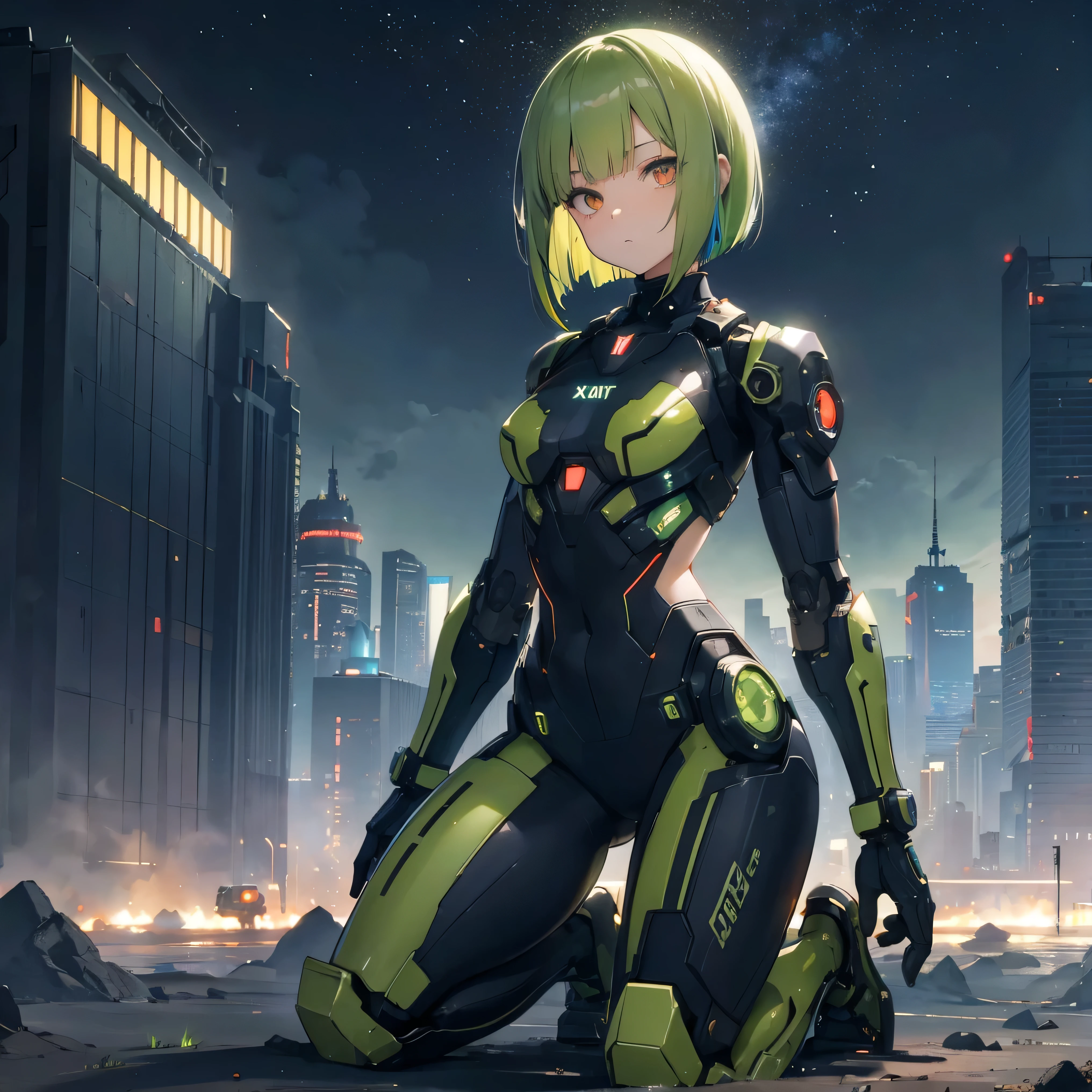 green hair, blunt bangs , bob cut, Wearing Goggles on the Head , multicolored eyes, compensate, Disgust, backlit, Masterpiece, accurate, more details, award , high resolution, best quality , 8k, cyberpunk, Sci-fi movie world , 2500 Martian city , in a green-haired {x} mechanical suit android, background(Starry Sky , meteor), get down on one knee ,