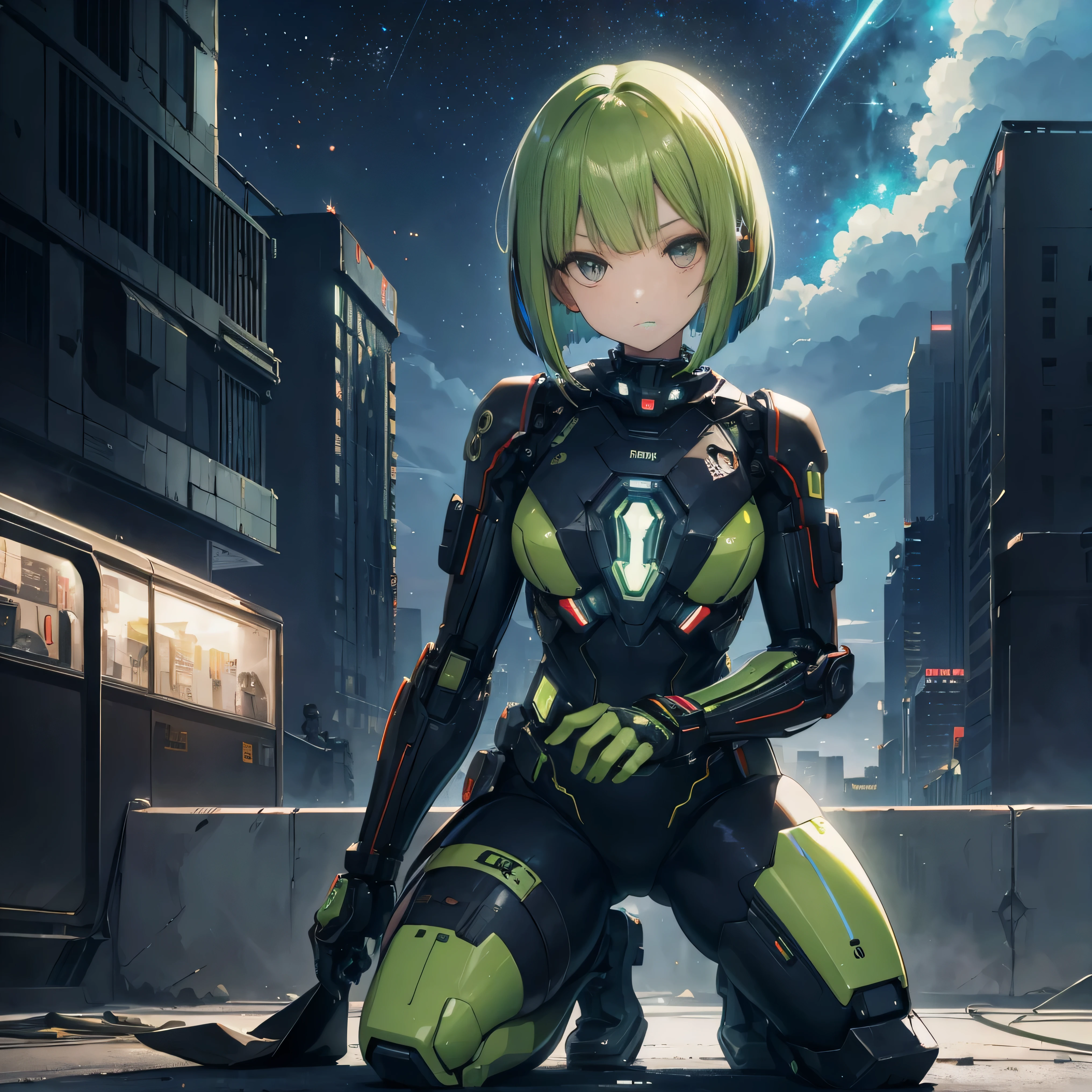  green hair, blunt bangs ,  bob cut,  Wearing Goggles on the Head ,  multicolored eyes, compensate,  Disgust, backlit, Masterpiece,  accurate,  more details,   award ,  high resolution,  best quality , 8k,  cyberpunk, Sci-fi movie world , 2500 Martian city ,  in a green-haired {x} mechanical suit android, background(Starry Sky , meteor),  get down on one knee ,