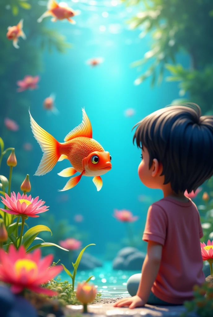 boy with light blue shirt, shorts and boots watching the fish swimming in a group, in tessellation, in the lake