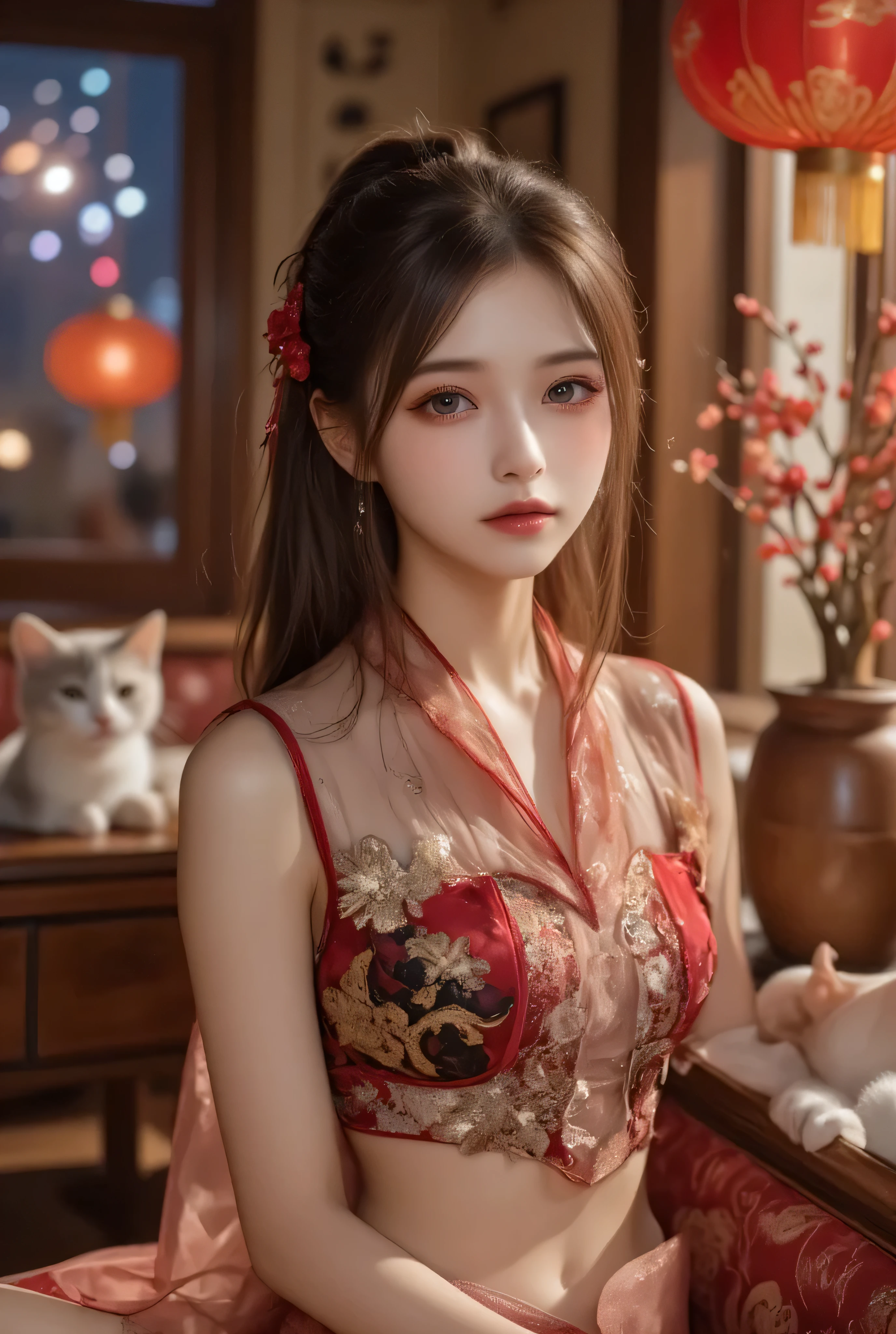 Cat ears、 face up、,attractive, pretty girl, ponytail、 (( fine facial features , eroticism)), dramatic lighting , realistic , 8k, Dramatic Shadows , intricate and elaborate patterns , super detailed photo , chiaroscuro lighting , Pleasant colors , deep contrast , super real 、 pink lipstick、 warm room、Vintage Fireplace 、 cinematic composition, beautiful silver gemstone chinese hair accessories , Close-up of face, A beautiful Korean idol wearing a red-black-silver some part transparent sexy short cheongsam with golden or silver intricate floral embroidery, standing gracefully in a room filled with traditional Chinese New Year decorations. The room features vibrant red lanterns, decorative calligraphy scrolls, a small Chinese orange tree with golden ornaments, and several red envelopes scattered across the floor and hanging from the tree. Adorable, playful cats are part of the scene—some sitting near the tree, others curiously pawing at the red envelopes or lounging around. Through a window or an open door in the background, vibrant Chinese fireworks light up the night sky in an array of reds, golds, and blues, casting a magical glow into the room. The idol’s outfit is paired with subtle accessories like red hairpins or earrings, complementing the festive look. The atmosphere is warm and lively, filled with the joyful essence of the celebration, enhanced by the shimmering lights of the fireworks and the lively decor.