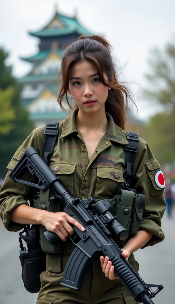 Masterpiece, beautiful 20 year old Indonesian woman in student uniform holding AK47 rifle, long hair, slim athletic body, detailed eyes, proud Indonesian female student, portrait of female student, female student portrait, beautiful female student, Indonesia, about a sniper girl in the war, holding a rifle AK47, holding a rifle, arms folded, portrait of a female city guard, standing in the middle of the city, portrait taken from below, portrait taken, by Arthur Sarkissian, face full of determination, with an AK47 rifle, with an AK47 rifle in hand, very high resolution .photorealistic: 1.4, UHD, beautiful city background,.